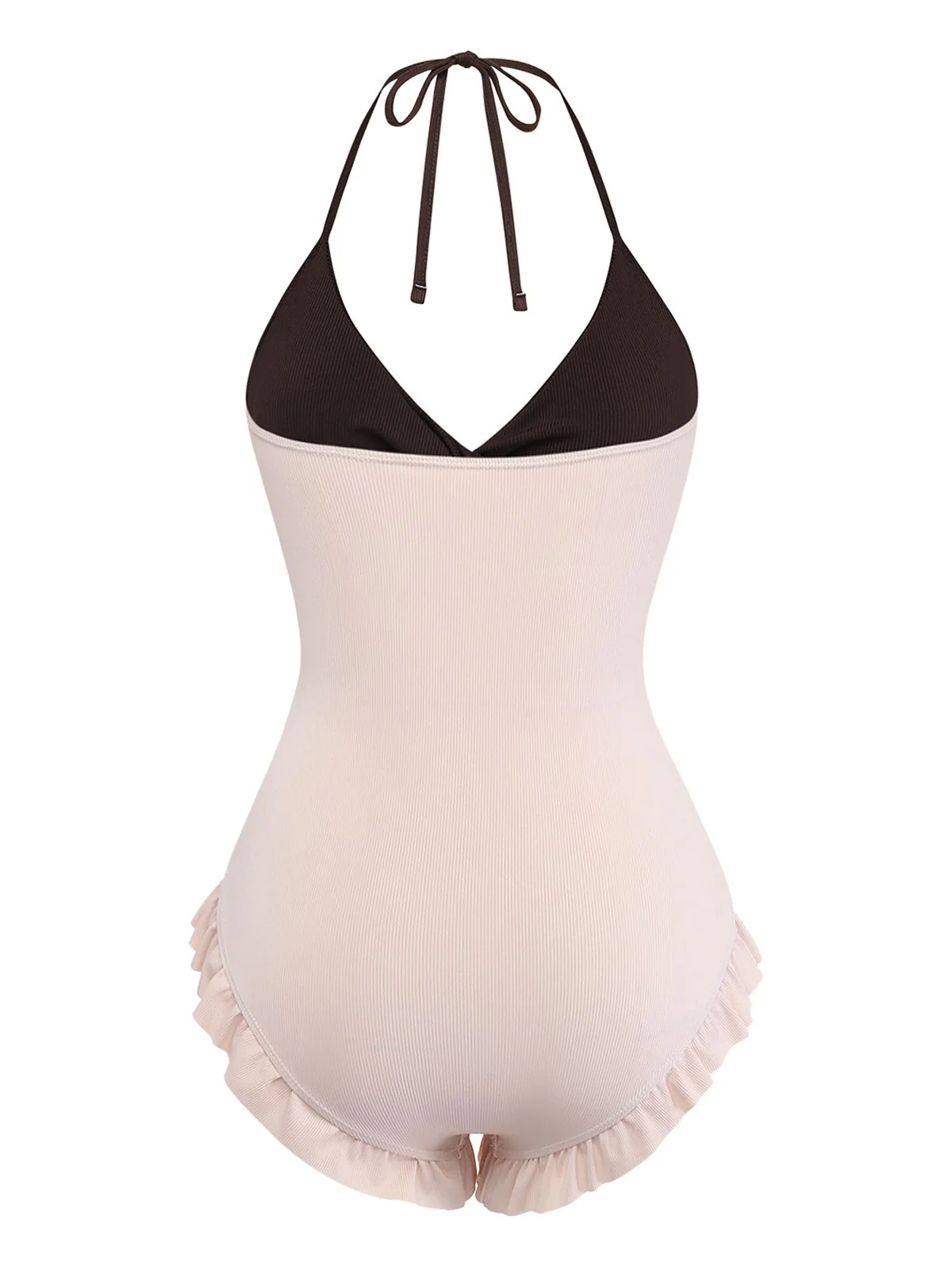 Brown & Pink 1940s Color-Block Ruffled High-Waisted Swimsuit - Image 5