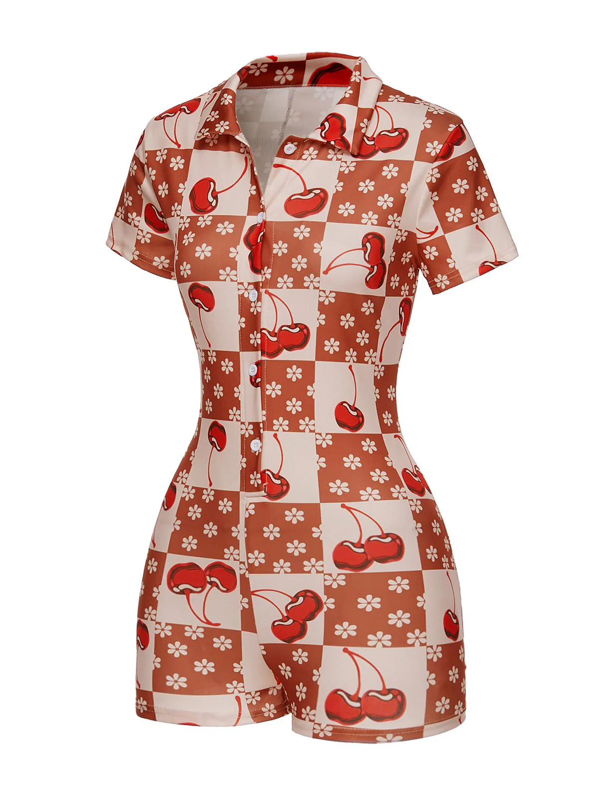 Brown & Red 1950s Cherry Checkerboard Lapel Romper - Image 2
