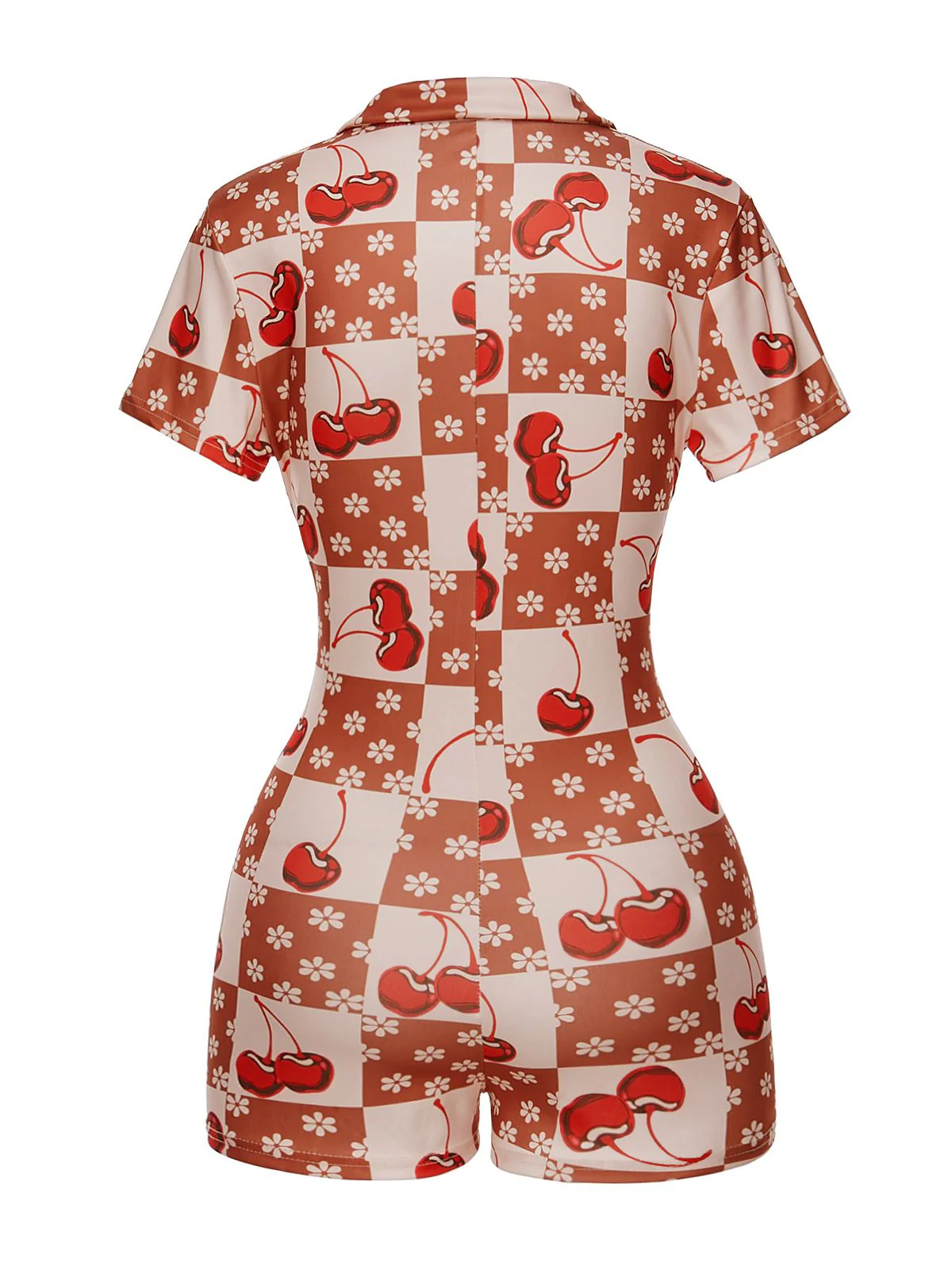 Brown & Red 1950s Cherry Checkerboard Lapel Romper - Image 3