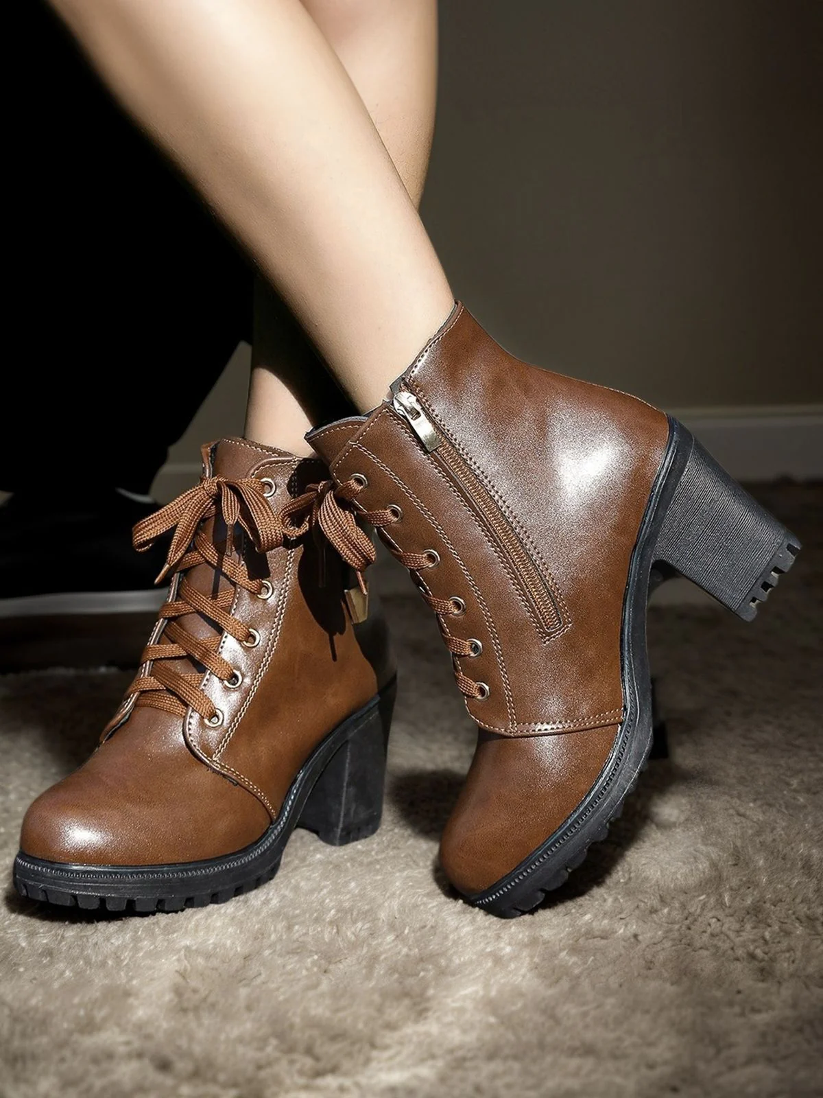 Brown Vintage Leather Chunky High Heels - Image 3