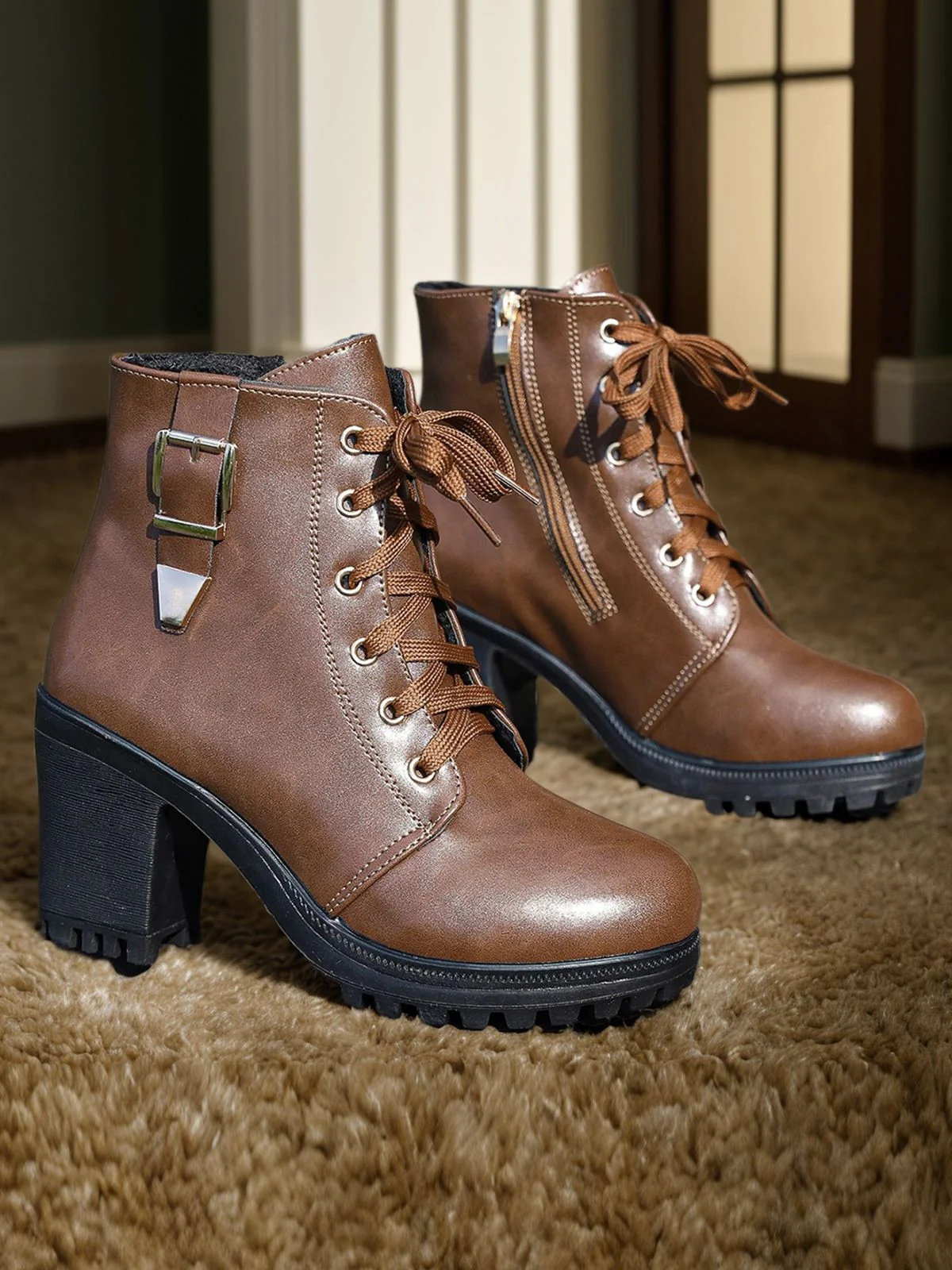 Brown Vintage Leather Chunky High Heels - Image 5