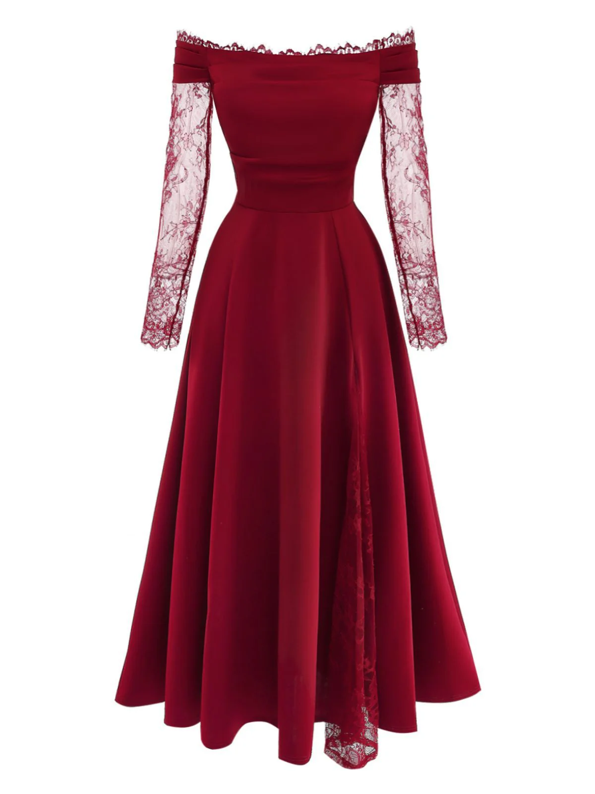 Burgundy 1930s Off-Shoulder Lace Long Sleeves Dress - Image 2