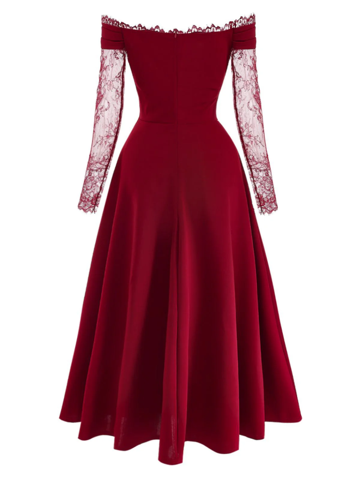 Burgundy 1930s Off-Shoulder Lace Long Sleeves Dress - Image 3