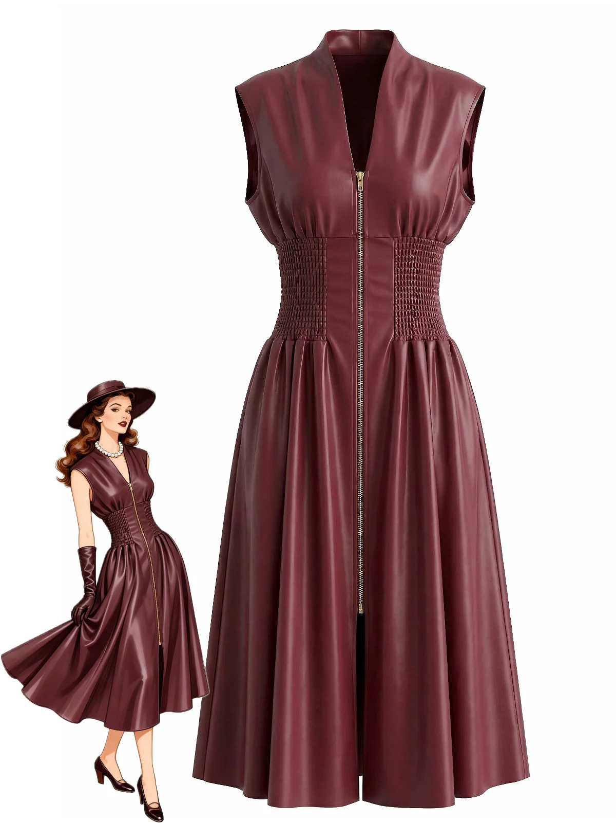 Burgundy 1940s Faux Leather Cap Sleeve Waisted Dress
