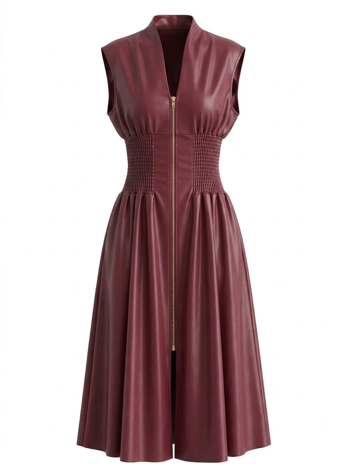 Burgundy 1940s Faux Leather Cap Sleeve Waisted Dress - Image 2