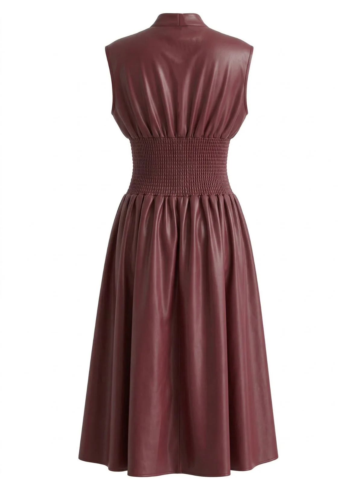 Burgundy 1940s Faux Leather Cap Sleeve Waisted Dress - Image 3