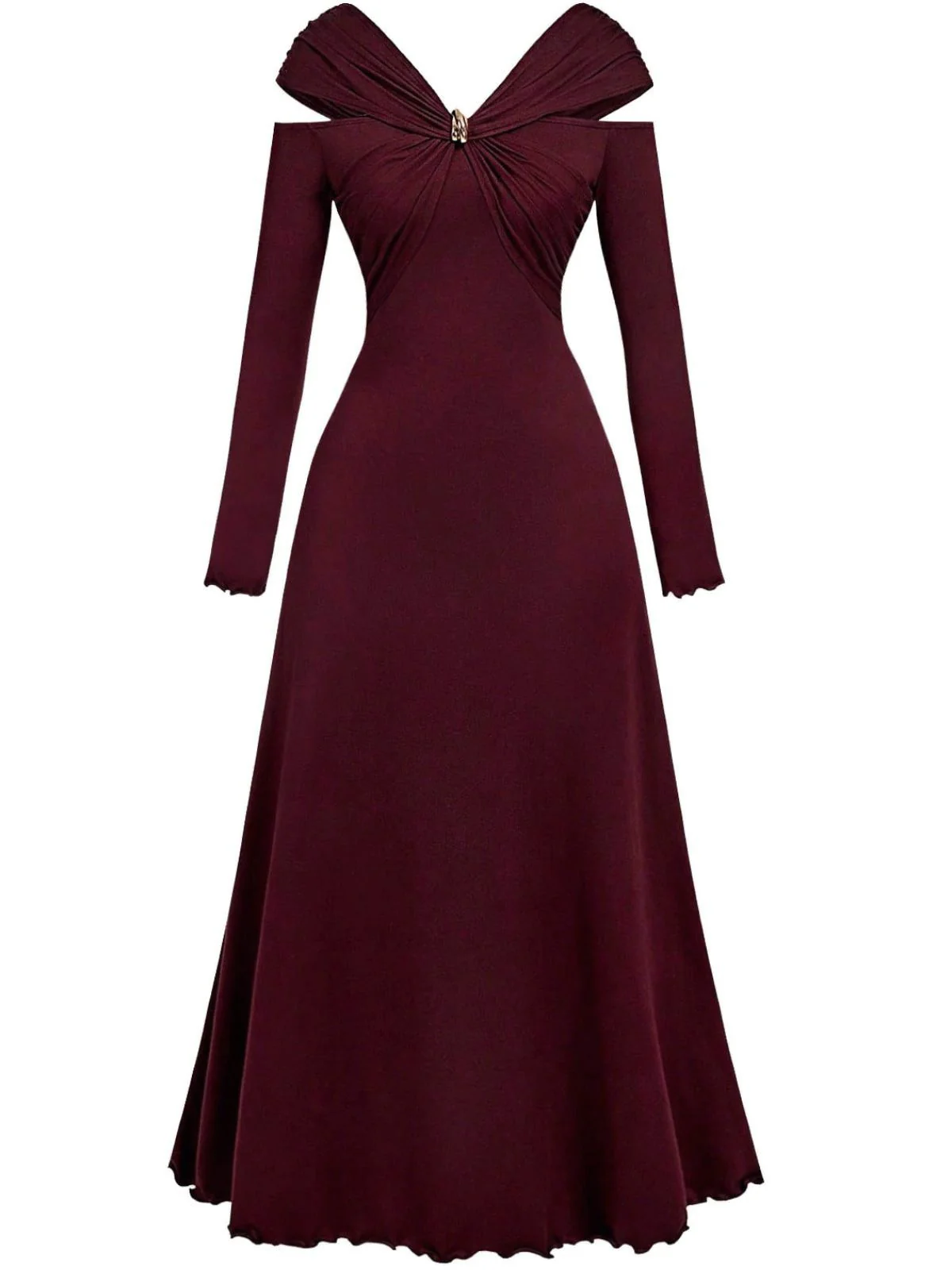 Burgundy 1940s Off-Shoulder Long Sleeve Pleated Dress - Image 2