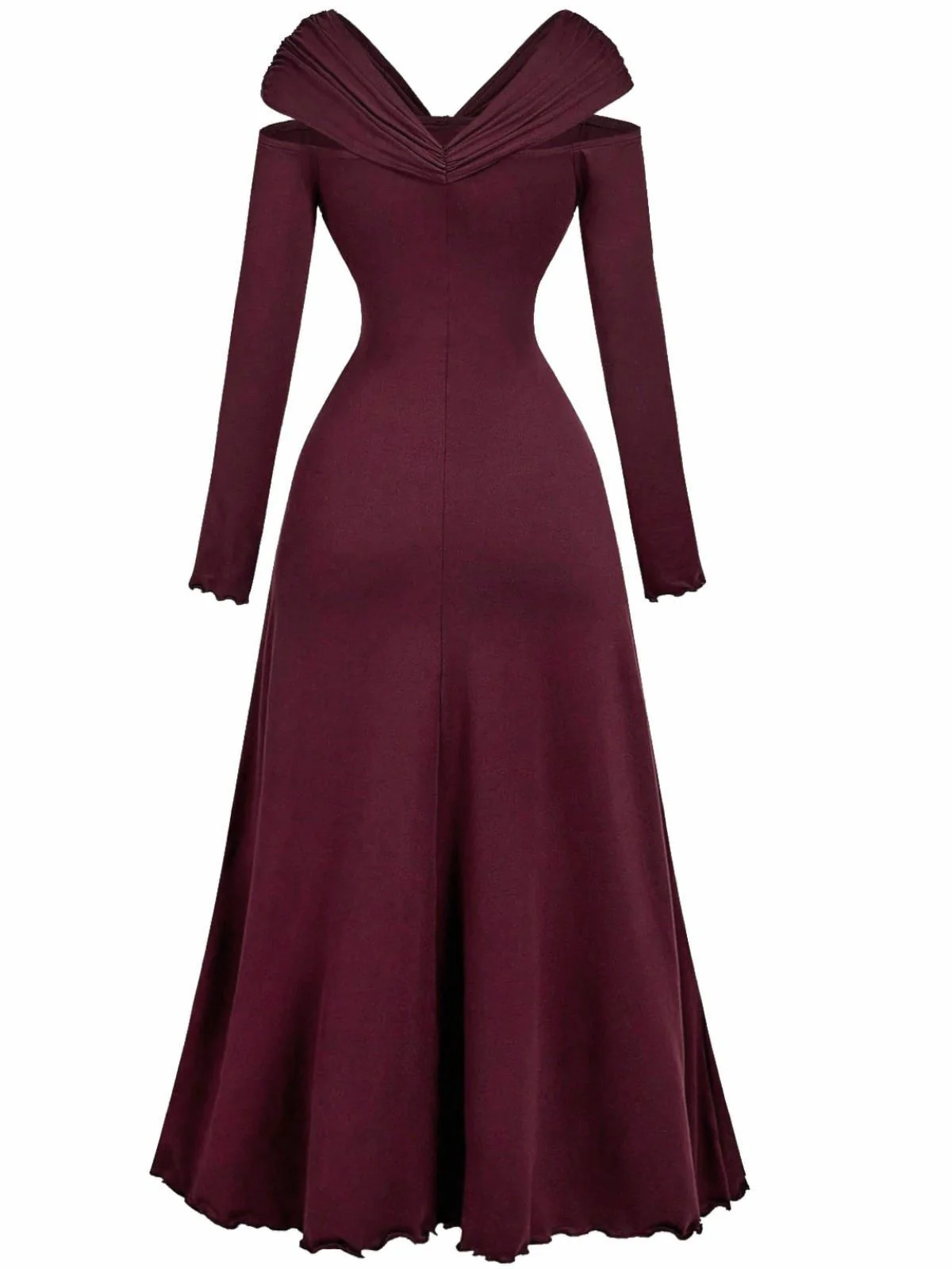 Burgundy 1940s Off-Shoulder Long Sleeve Pleated Dress - Image 3