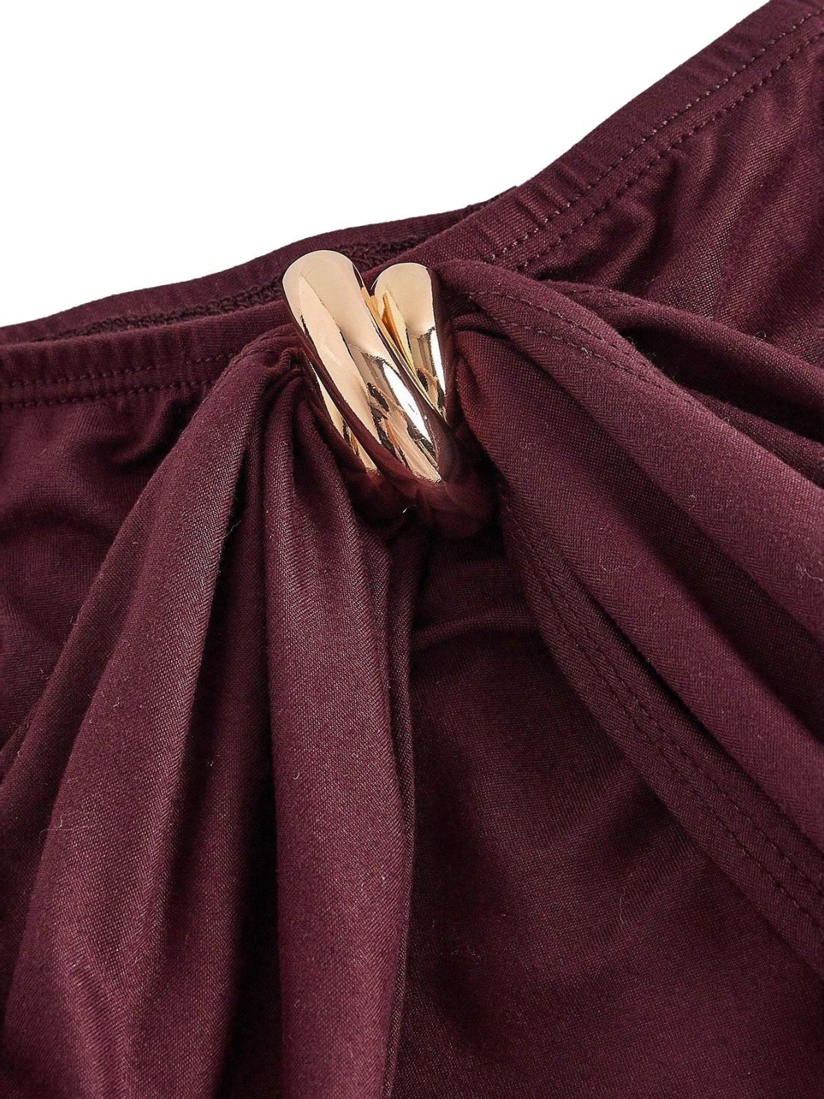Burgundy 1940s Off-Shoulder Long Sleeve Pleated Dress - Image 4