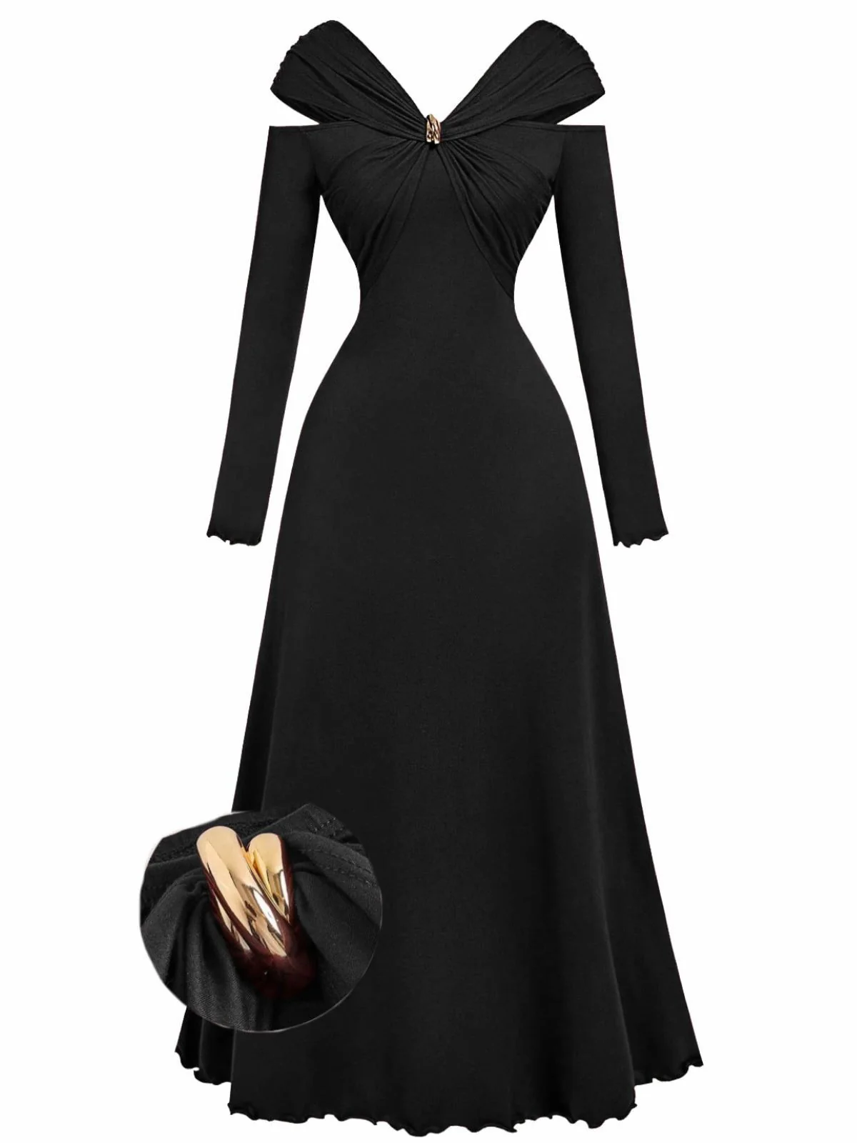 Burgundy 1940s Off-Shoulder Long Sleeve Pleated Dress - Image 6