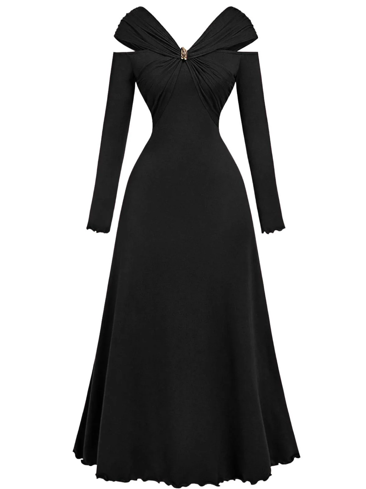 Burgundy 1940s Off-Shoulder Long Sleeve Pleated Dress - Image 7