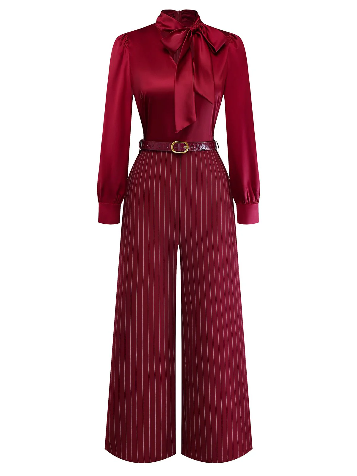 Burgundy 1940s Satin Bow Tie Striped Wide-Leg Jumpsuit - Image 2