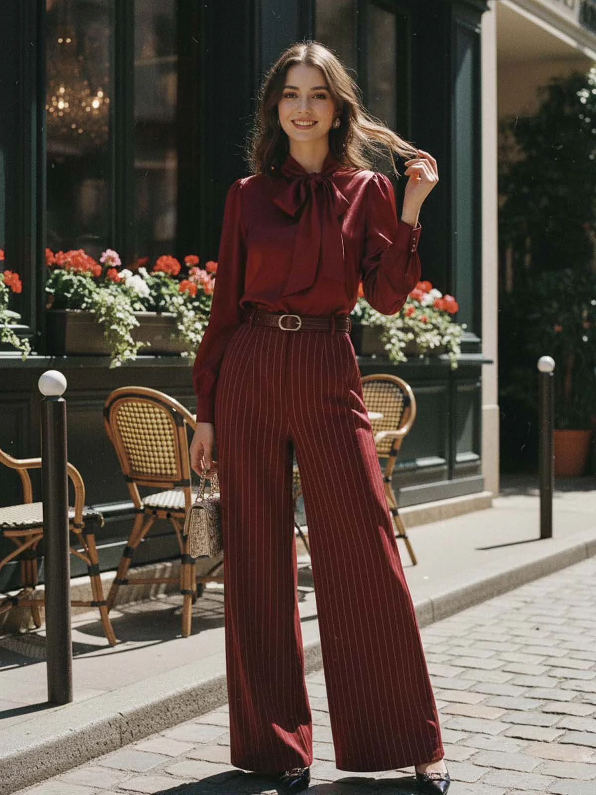 Burgundy 1940s Satin Bow Tie Striped Wide-Leg Jumpsuit - Image 3