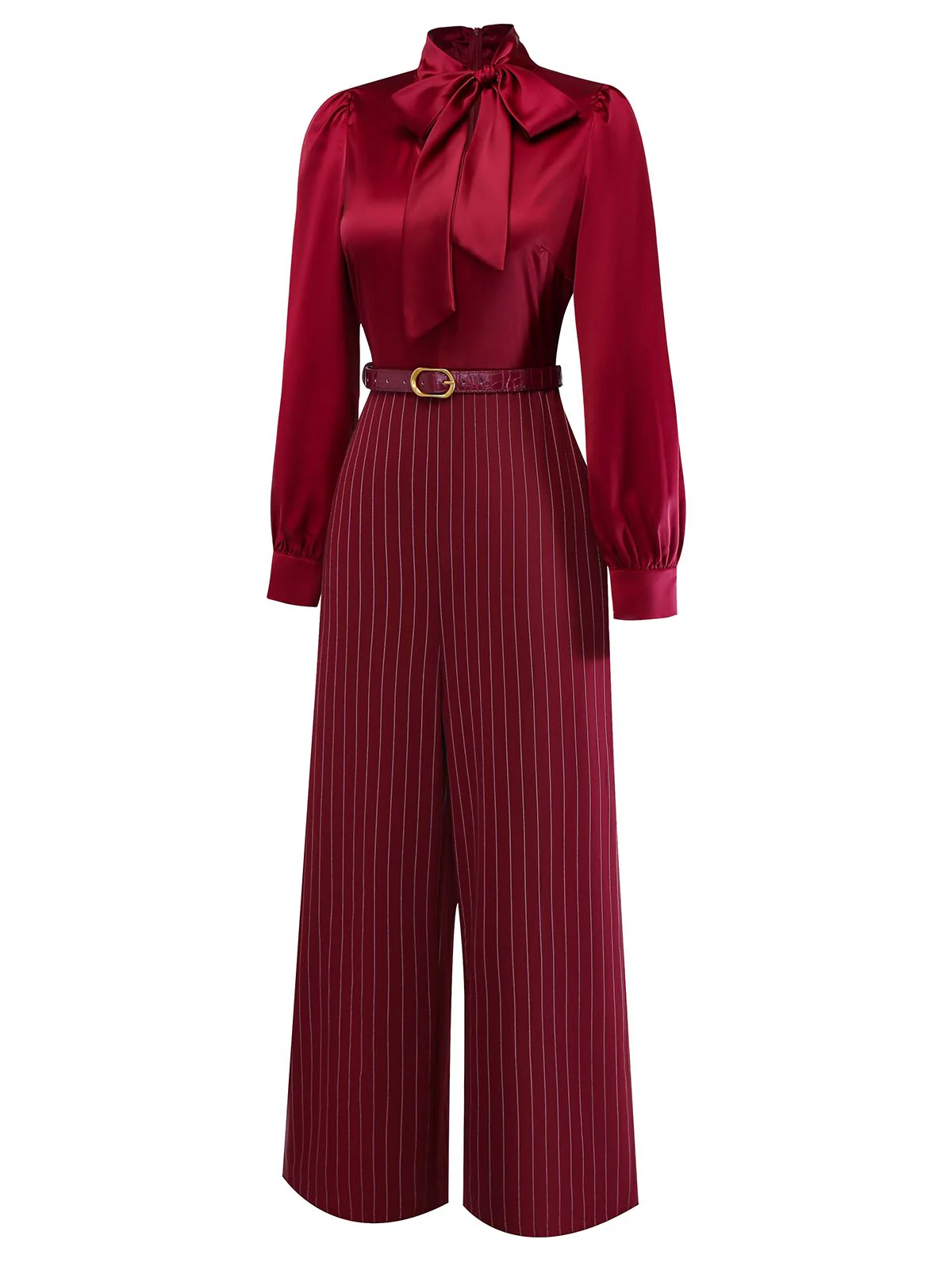 Burgundy 1940s Satin Bow Tie Striped Wide-Leg Jumpsuit - Image 4