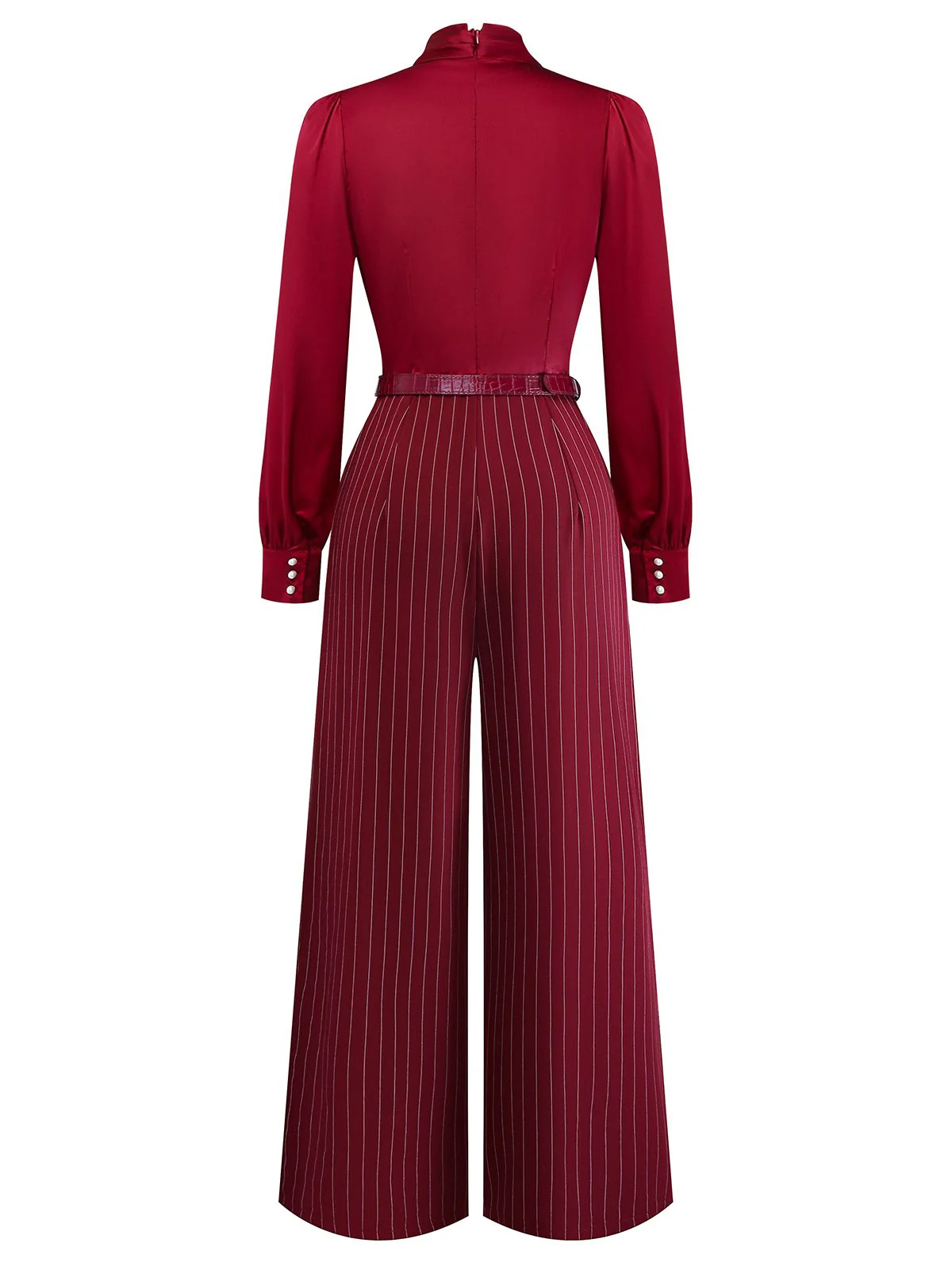 Burgundy 1940s Satin Bow Tie Striped Wide-Leg Jumpsuit - Image 5