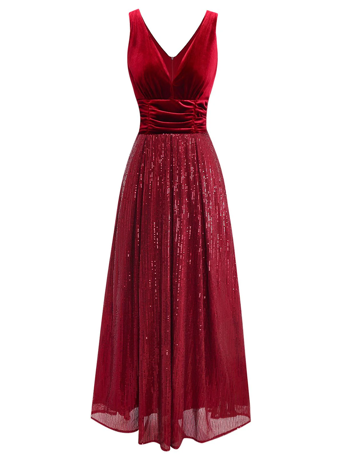 Burgundy 1950s Velvet Sequin V-Neck Maxi Dress - Image 2