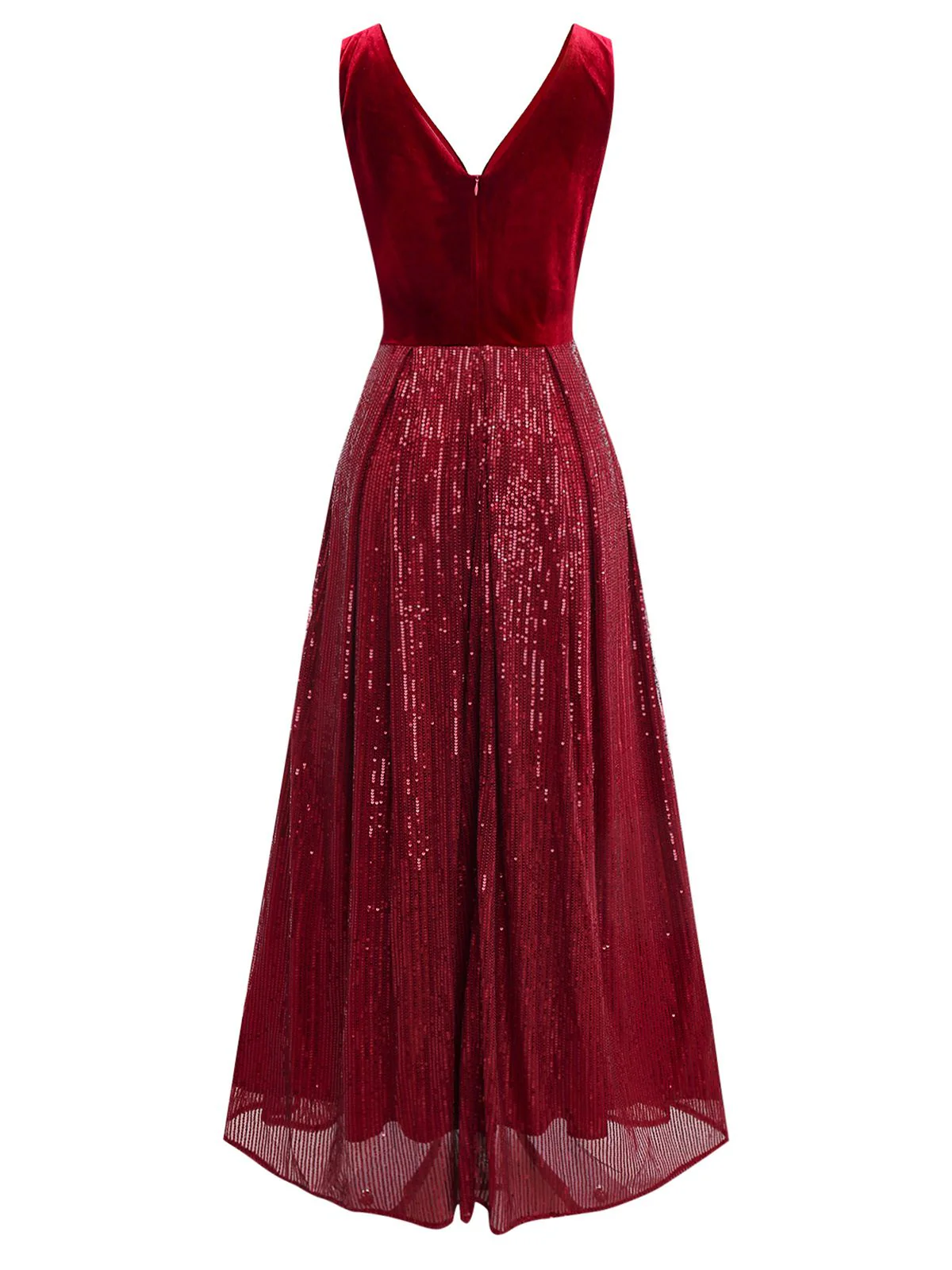 Burgundy 1950s Velvet Sequin V-Neck Maxi Dress - Image 3