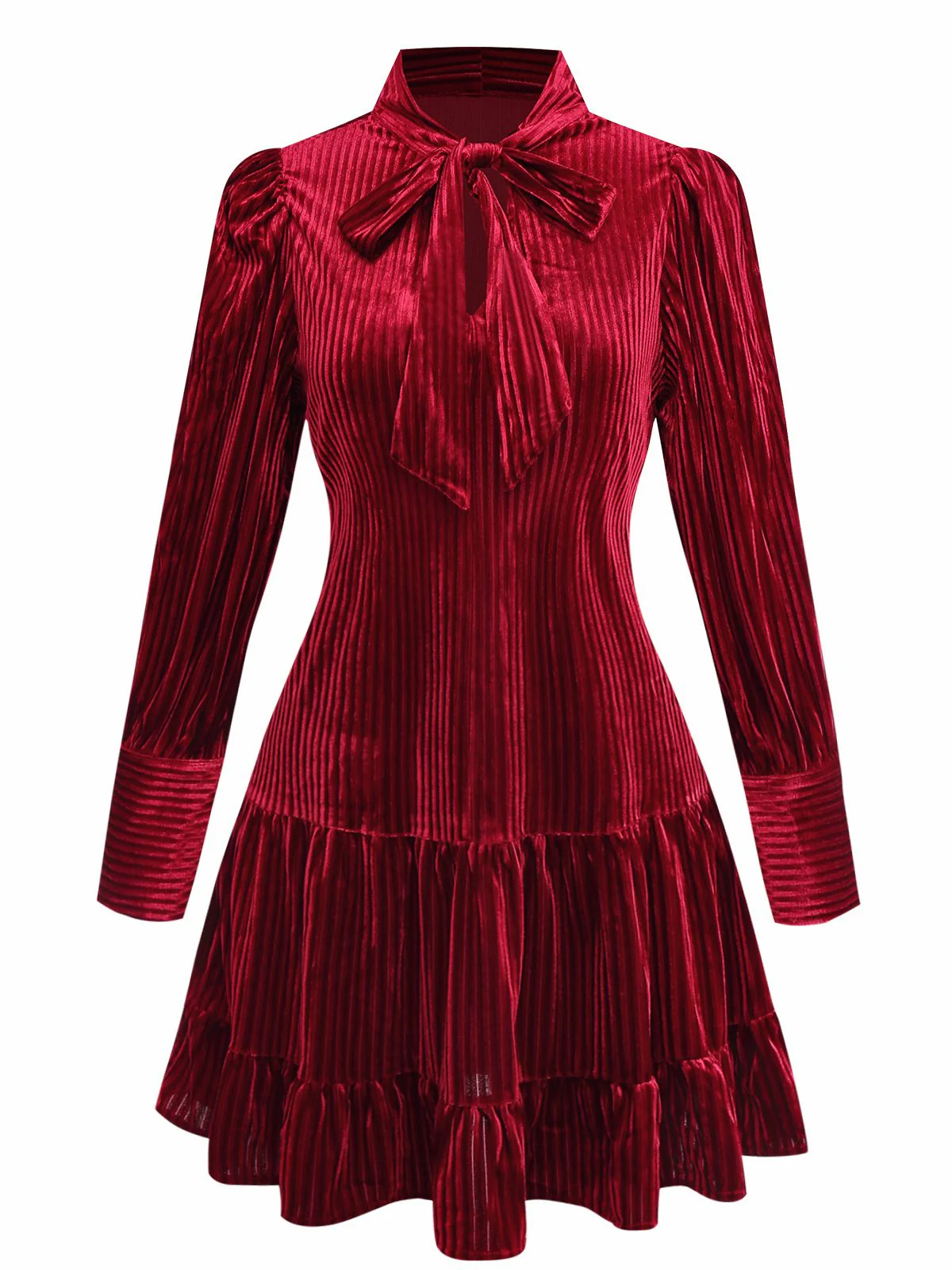 Burgundy 1960s Bow Collar Solid Velvet Ruffle Dress - Image 2
