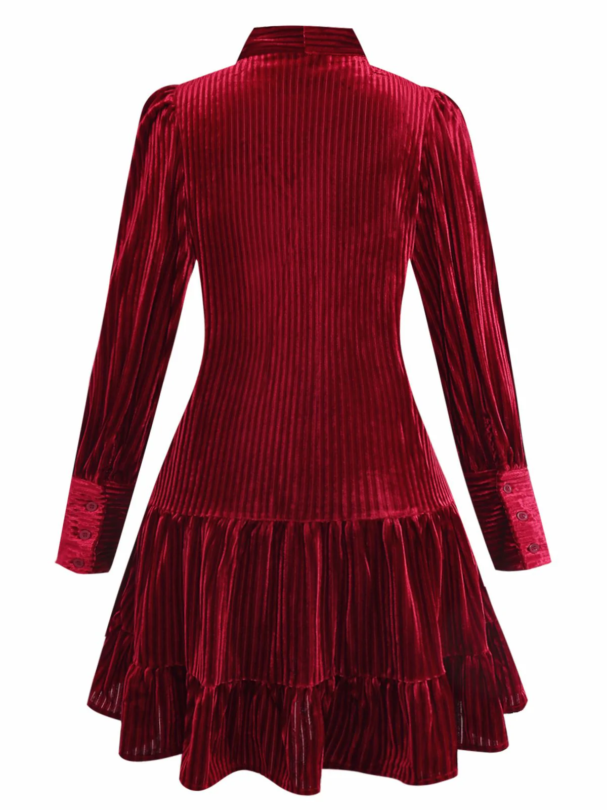 Burgundy 1960s Bow Collar Solid Velvet Ruffle Dress - Image 3