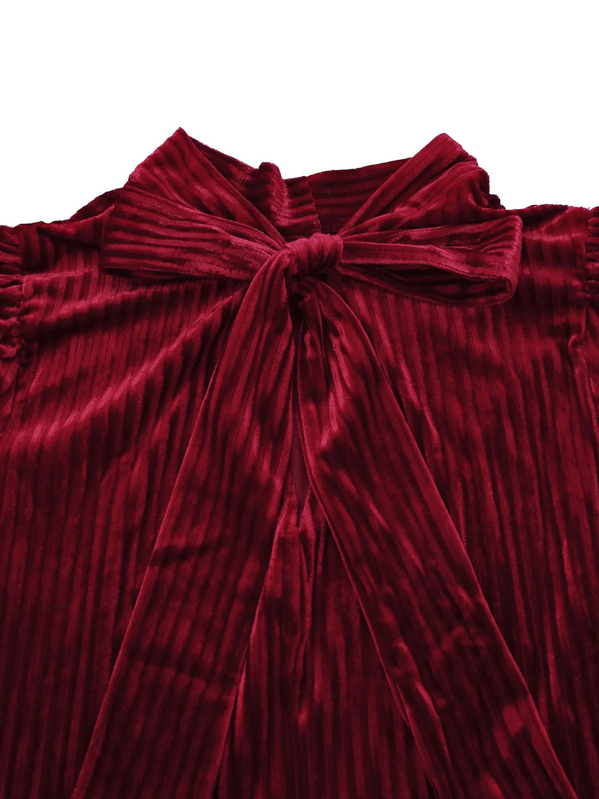 Burgundy 1960s Bow Collar Solid Velvet Ruffle Dress - Image 4