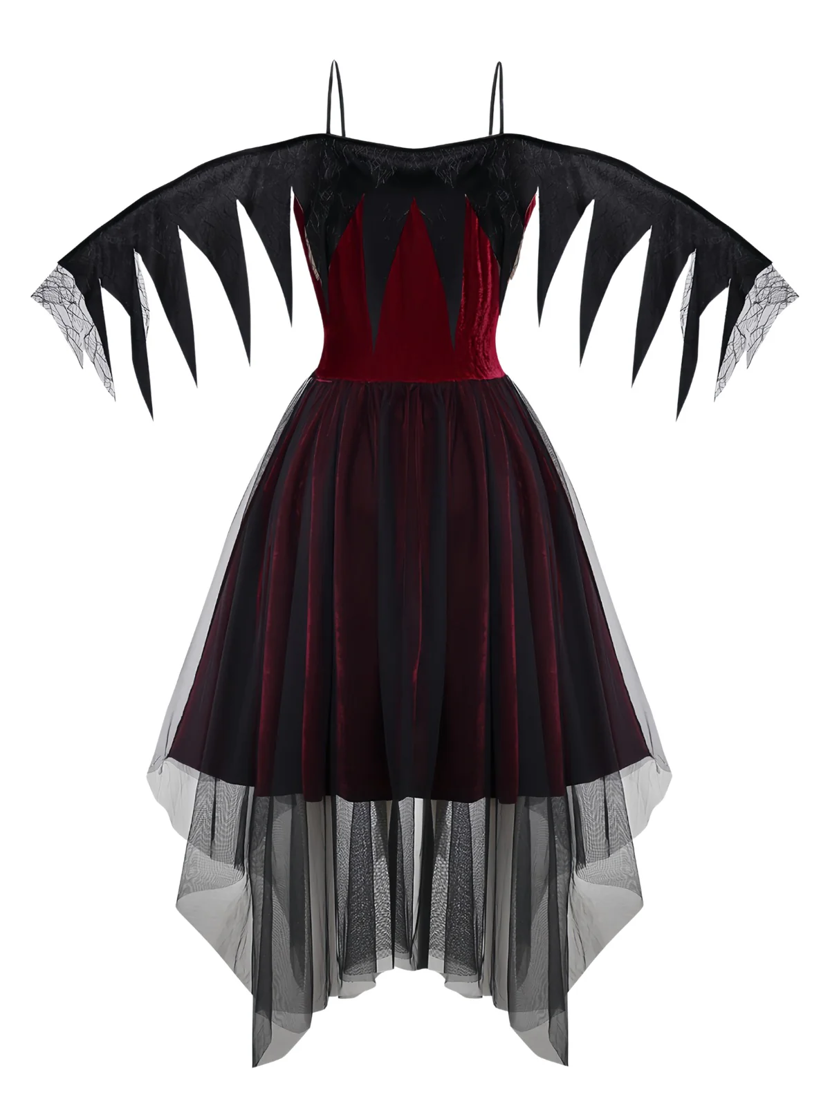 Burgundy 1960s Gothic Mesh Strapless Irregular Hem Dress - Image 2