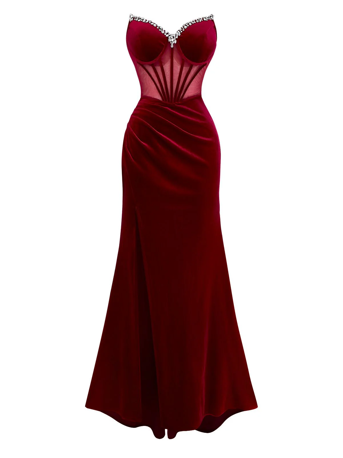 Burgundy 1980s Velvet Strapless Slit Dress - Image 2