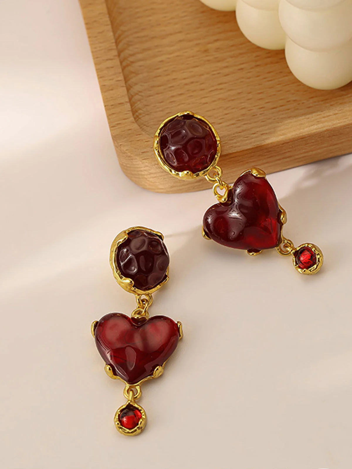 Burgundy Heart Resin Vintage Earrings - Image 2