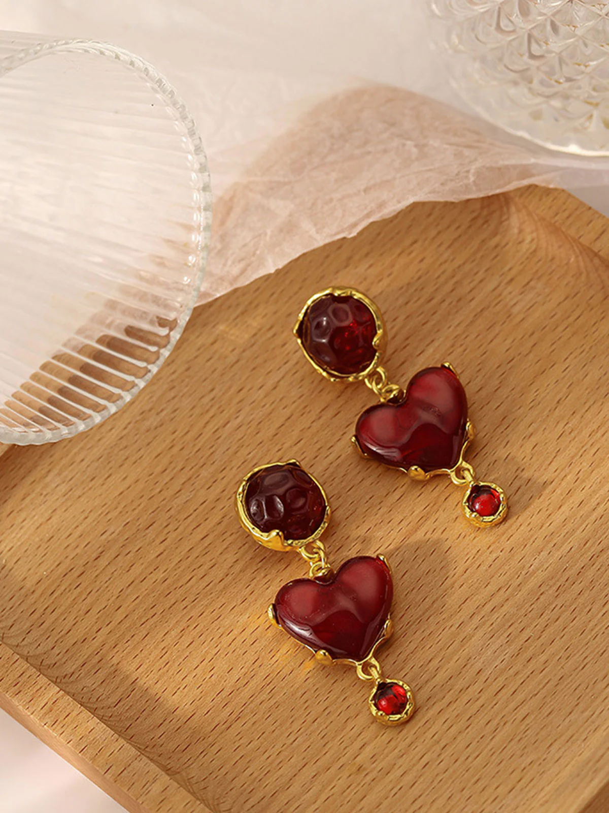 Burgundy Heart Resin Vintage Earrings - Image 4