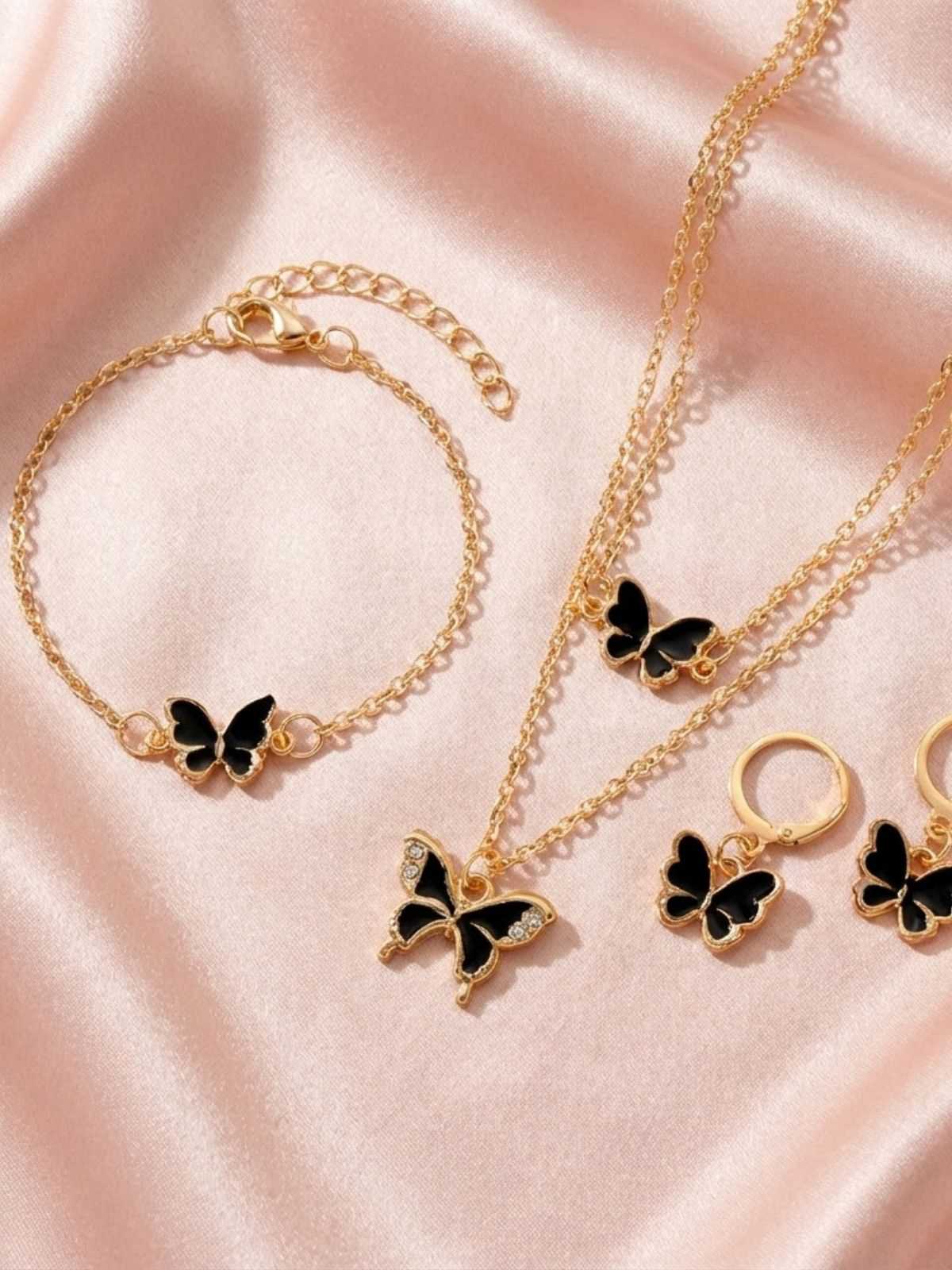 Butterfly Rhinestones Chain Necklace & Bracelet & Earrings - Image 3
