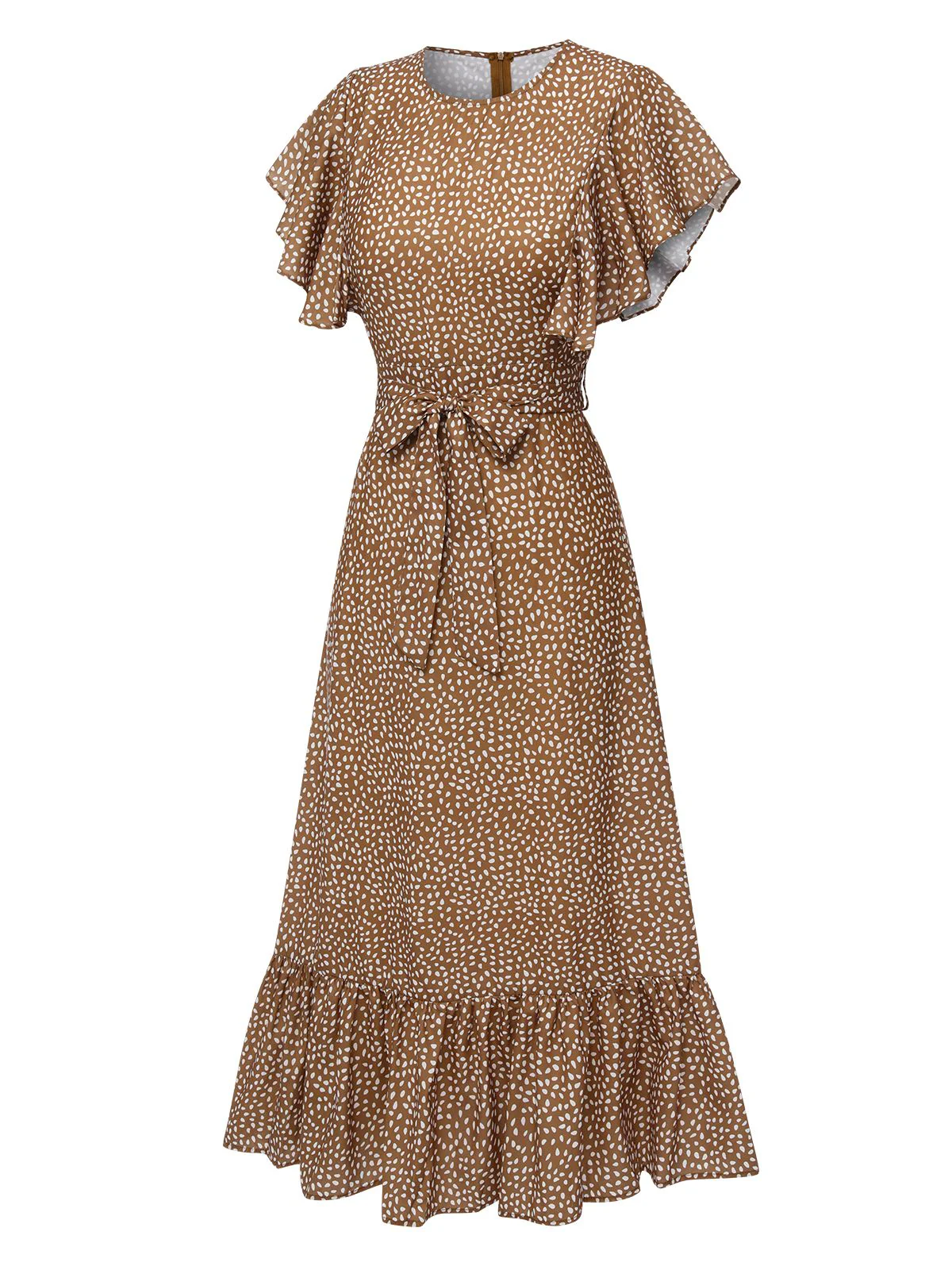 Camel Color 1940s Polka Dots Ruffles Dress - Image 3