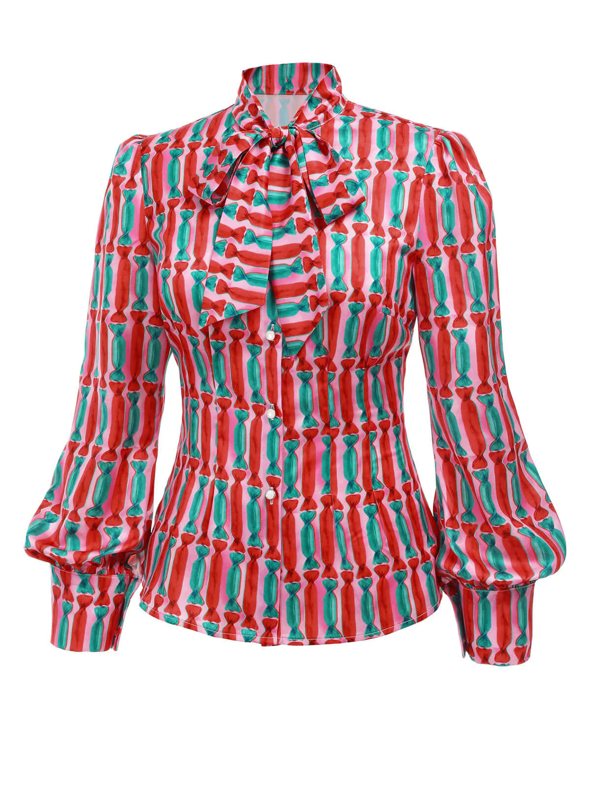 1950s Candy Tie-Up Collar Buttons Blouse - Image 2