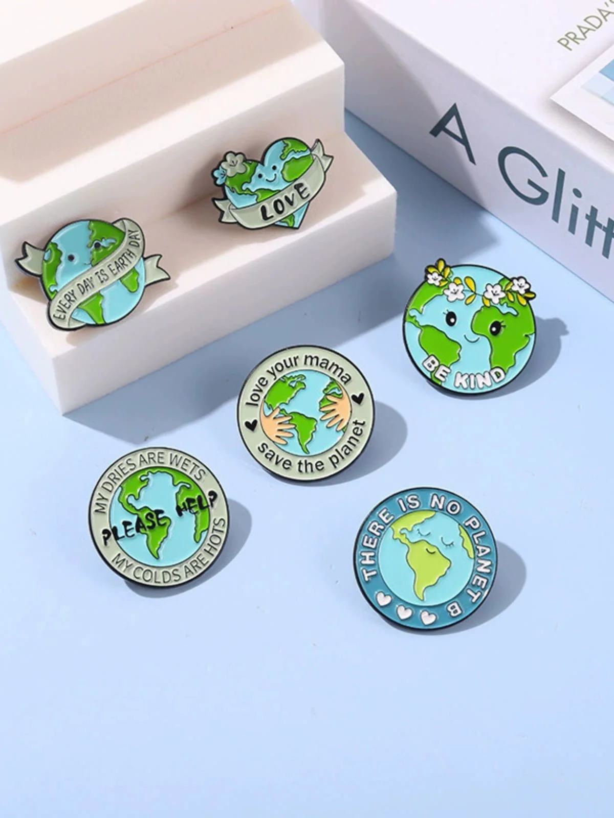 Cartoon Earth Day Letters Round Brooch - Image 8