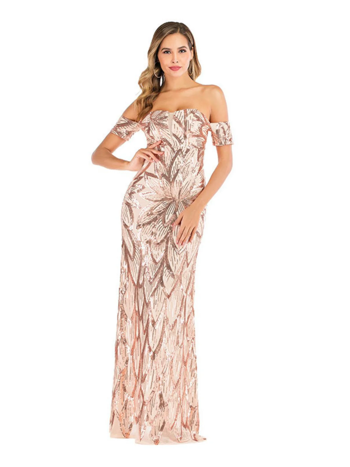 Champagne 1920s Floral Sequined Off-Shoulder Dress - Image 2