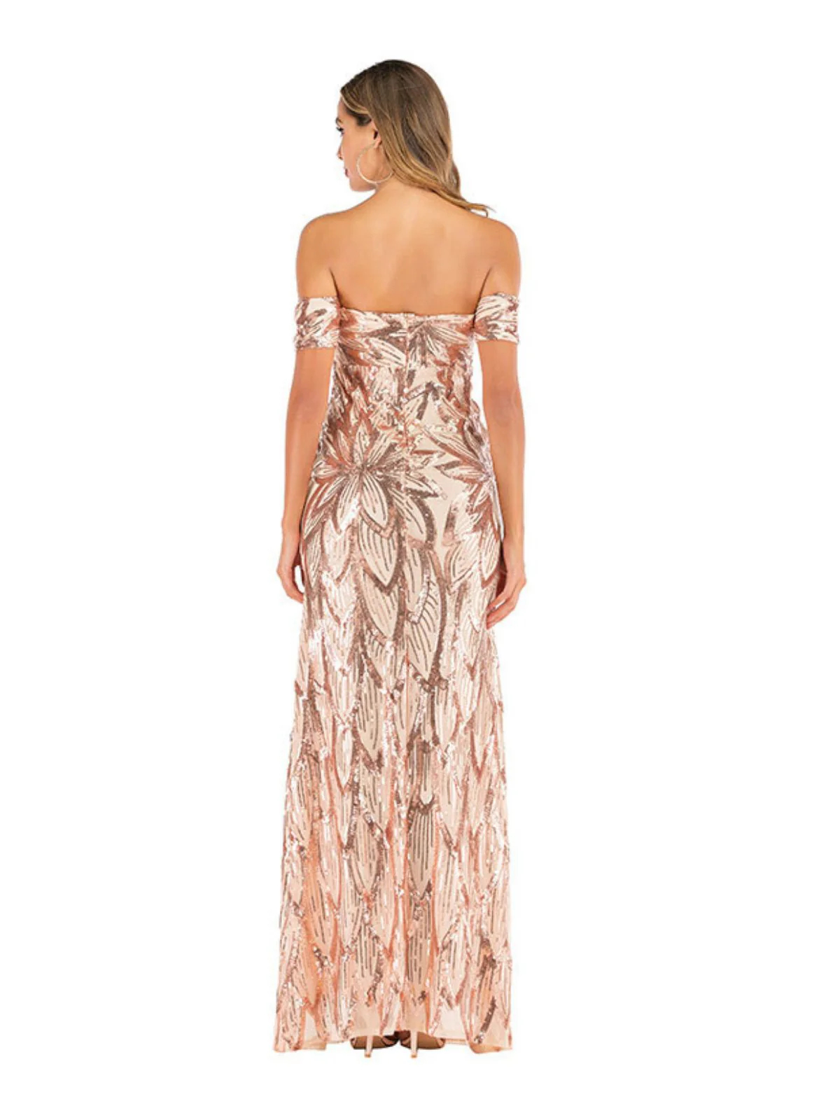 Champagne 1920s Floral Sequined Off-Shoulder Dress - Image 3