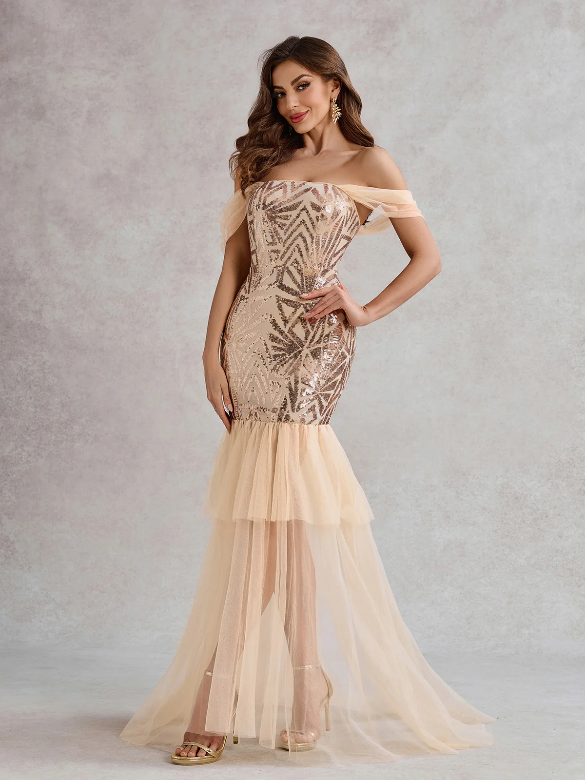 Champagne 1920s Off-Shoulder Sequined Mesh Dress - Image 3