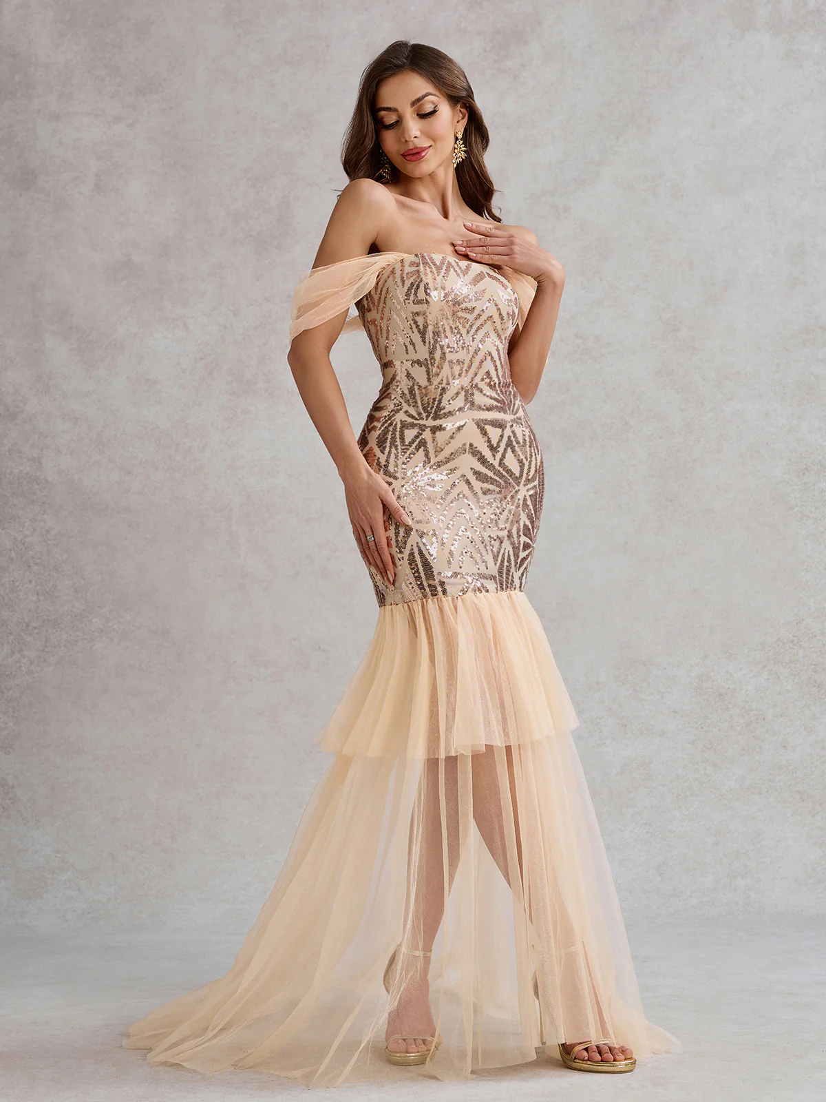 Champagne 1920s Off-Shoulder Sequined Mesh Dress - Image 5