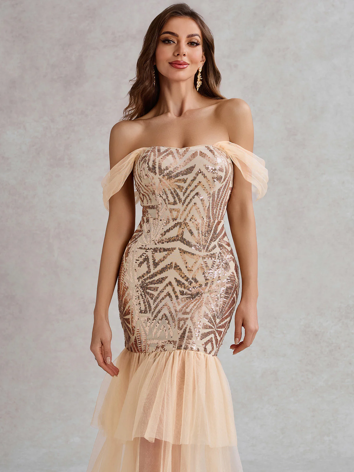 Champagne 1920s Off-Shoulder Sequined Mesh Dress - Image 6