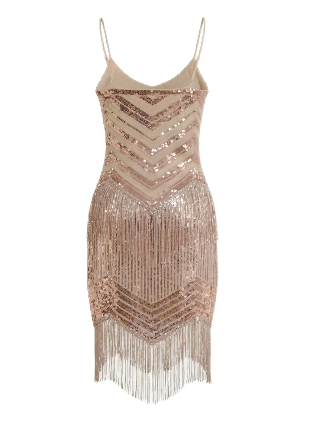 Champagne 1920s Spaghetti Strap Fringe Sequined Dress - Image 2