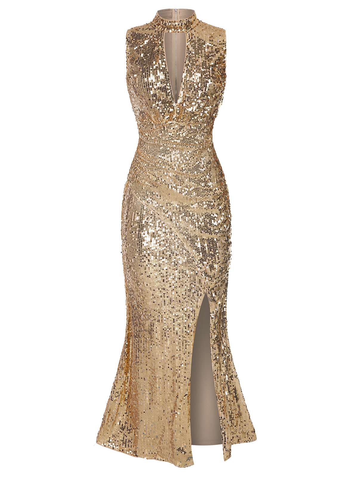Champagne 1930s Keyhole Sequined Maxi Dress - Image 2