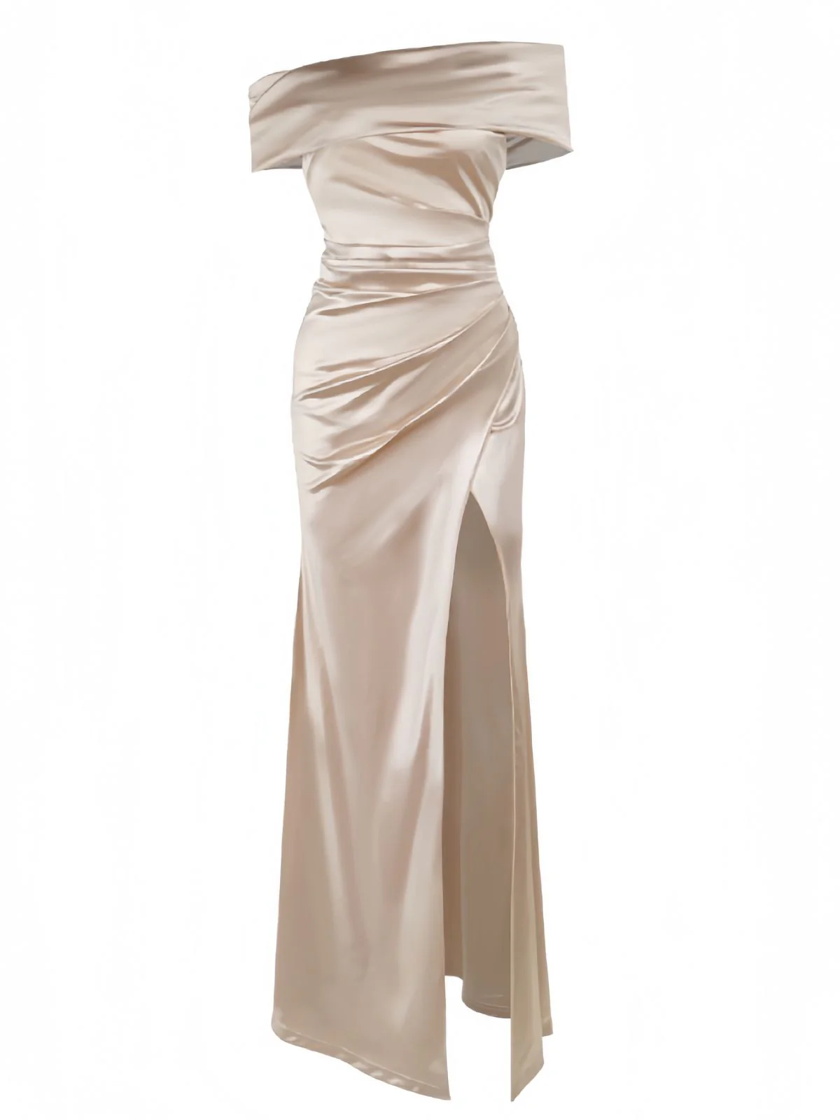 Champagne 1930s Off Shoulder Slit Satin Dress - Image 4