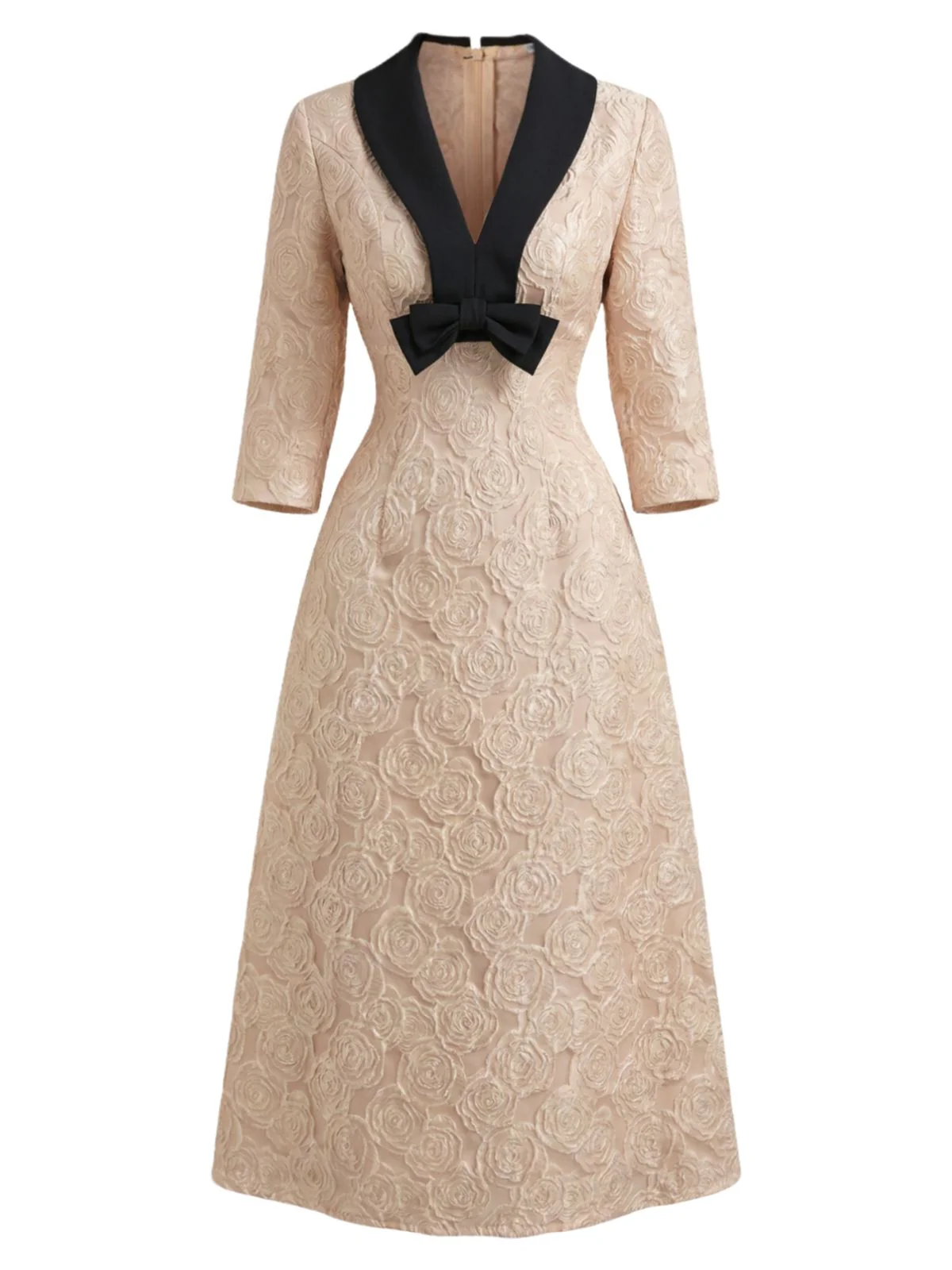 [Pre-Sale] Champagne 1930s Rose Jacquard V-Neck Bow Dress - Image 2