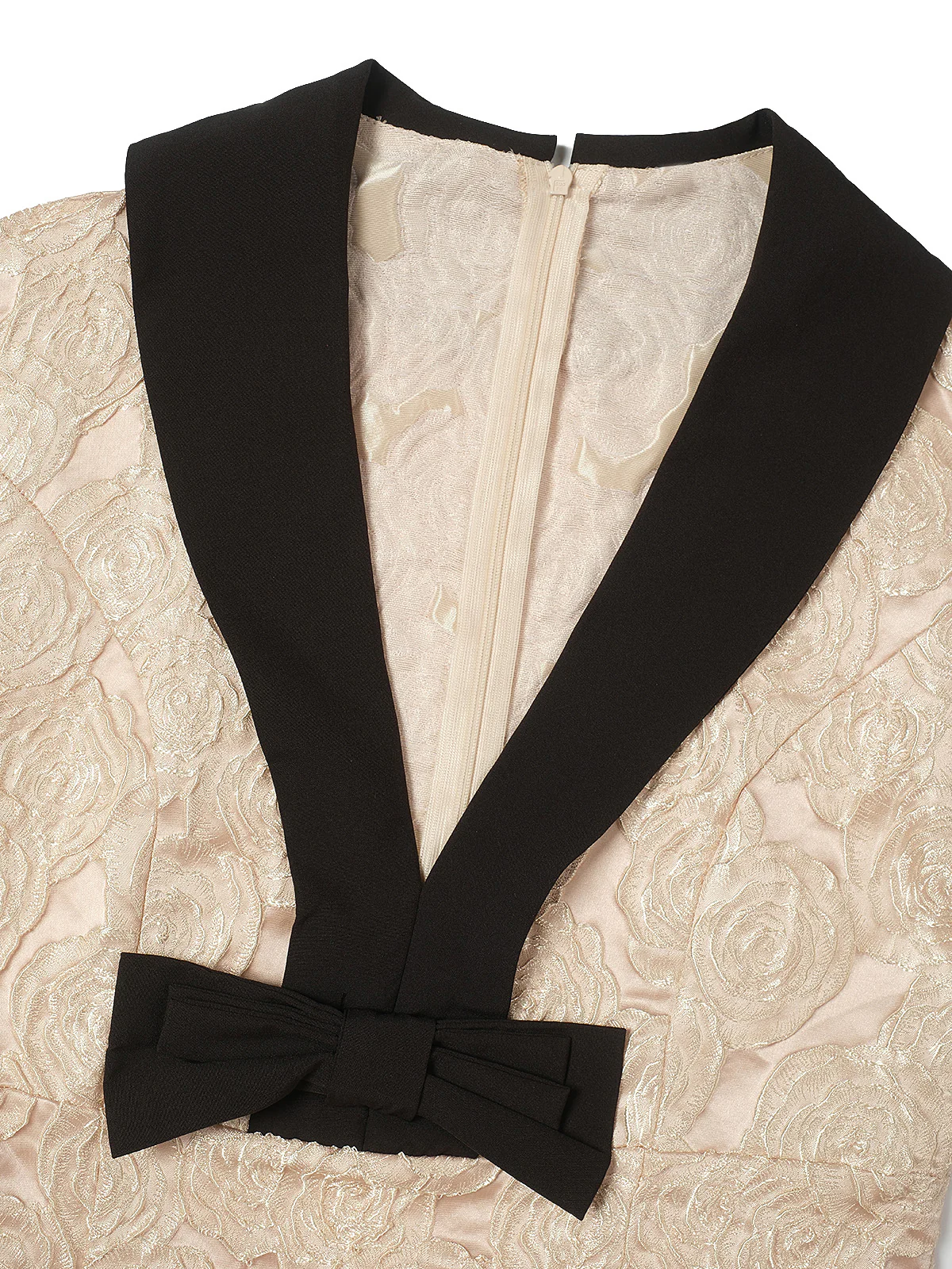 [Pre-Sale] Champagne 1930s Rose Jacquard V-Neck Bow Dress - Image 4