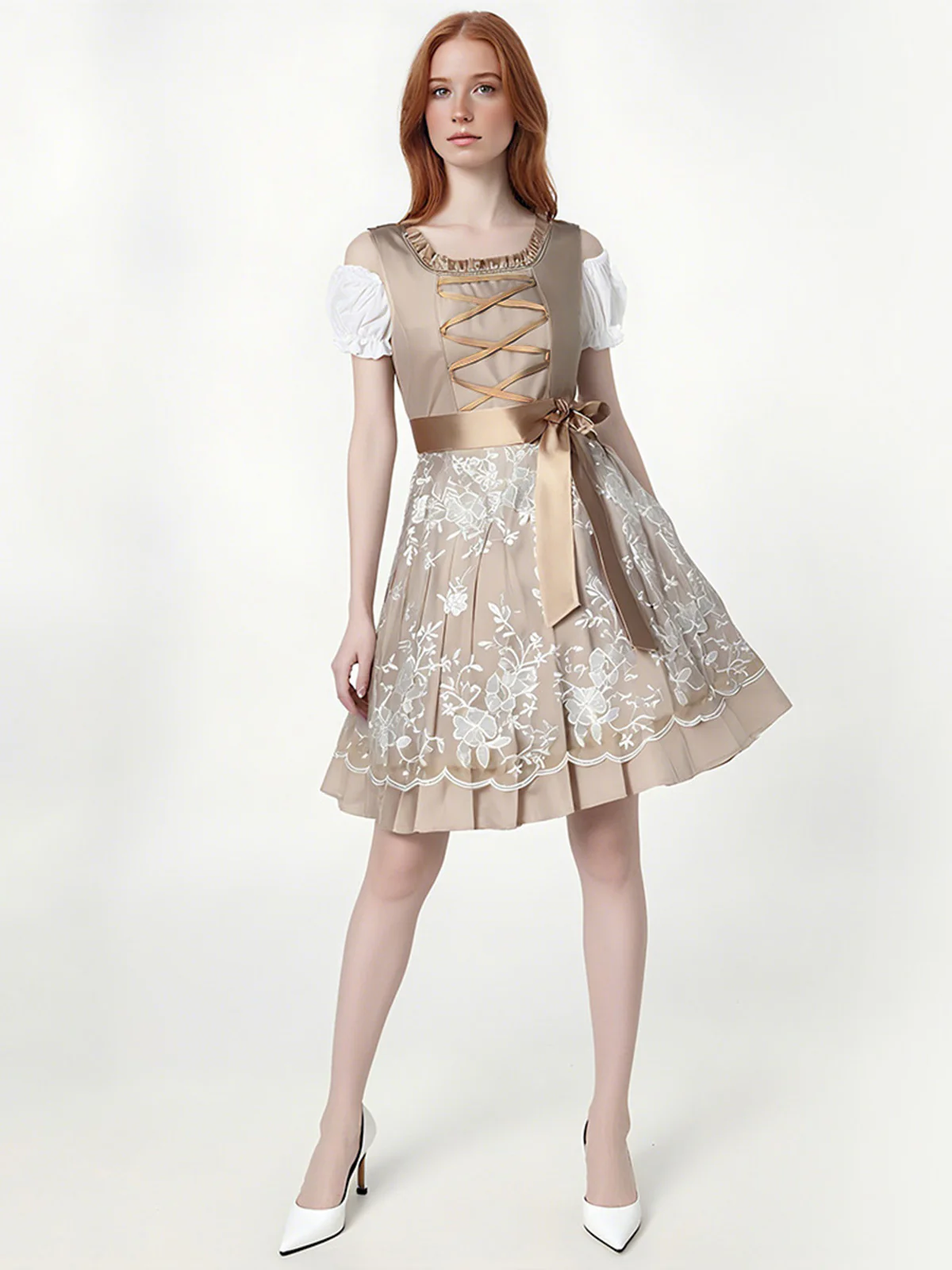 Champagne 1950s Puff Top & Floral Bow Dress - Image 2