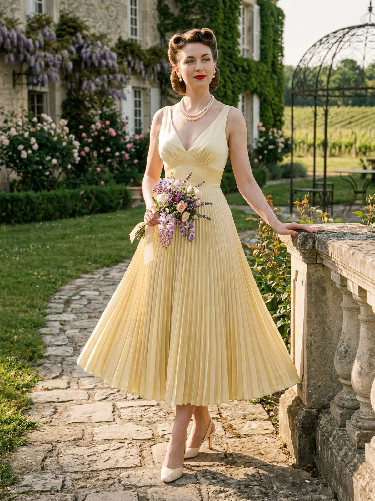 Champagne 1950s Satin Backless Pleated Dress - Image 3