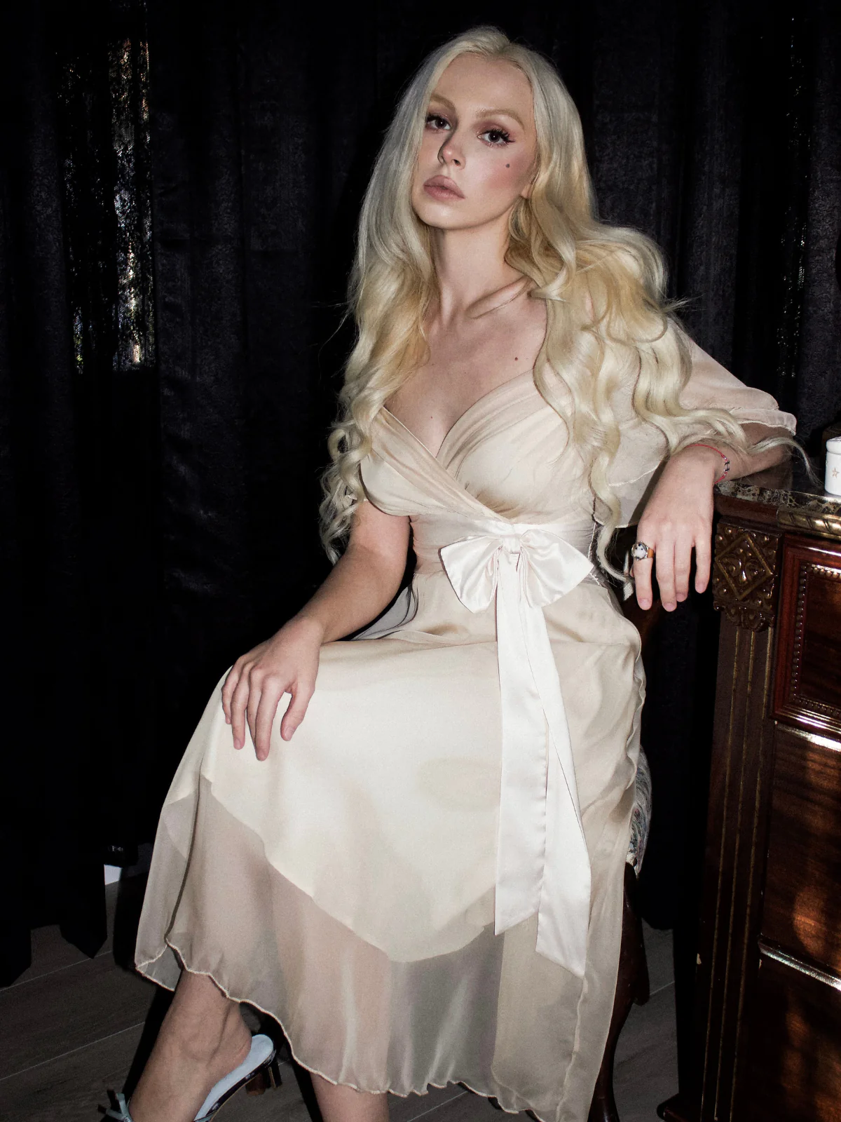 Champagne 1950s Satin Belt Tulle Cocktail Dress - Image 2