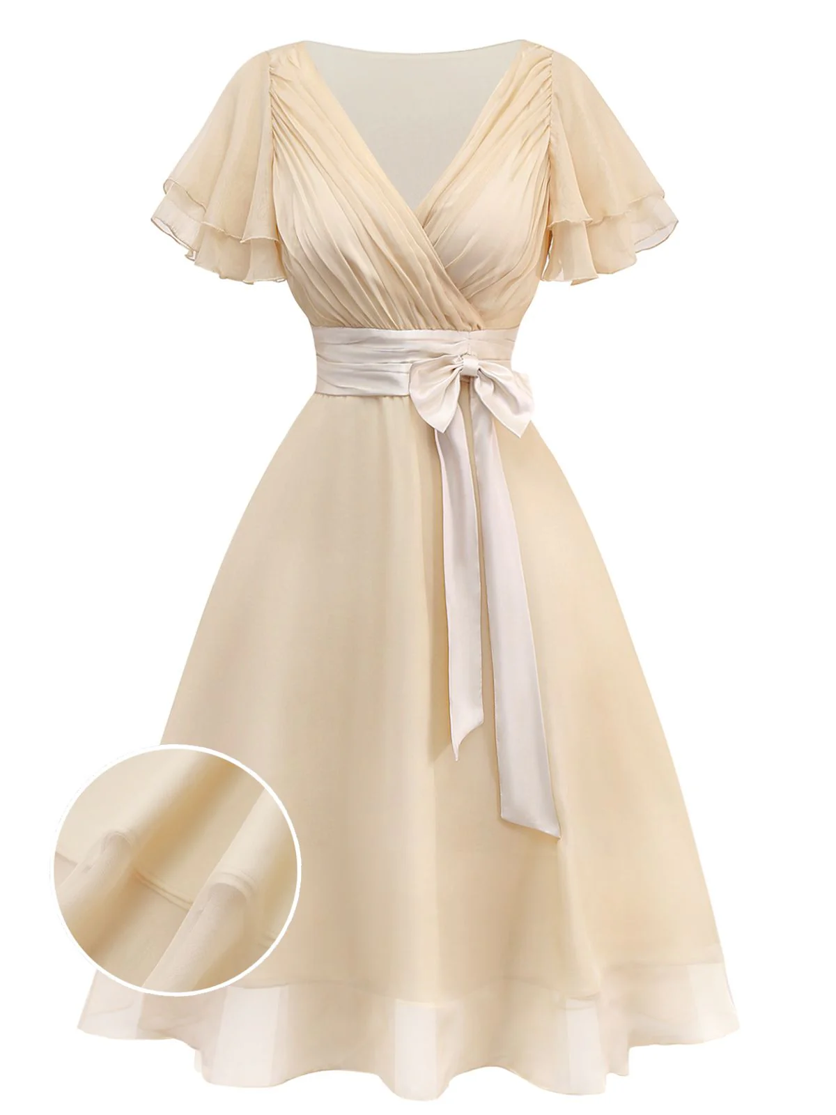 Champagne 1950s Satin Belt Tulle Cocktail Dress - Image 3