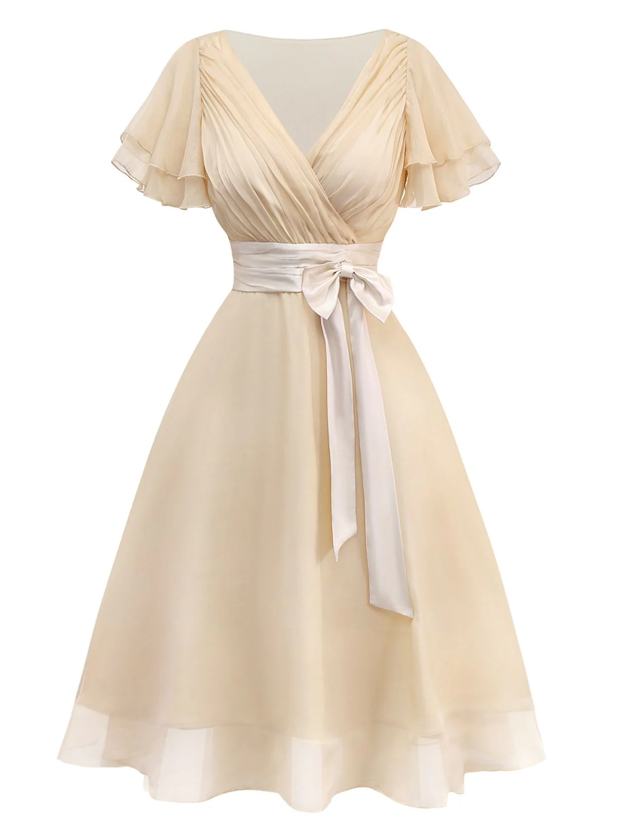 Champagne 1950s Satin Belt Tulle Cocktail Dress - Image 4