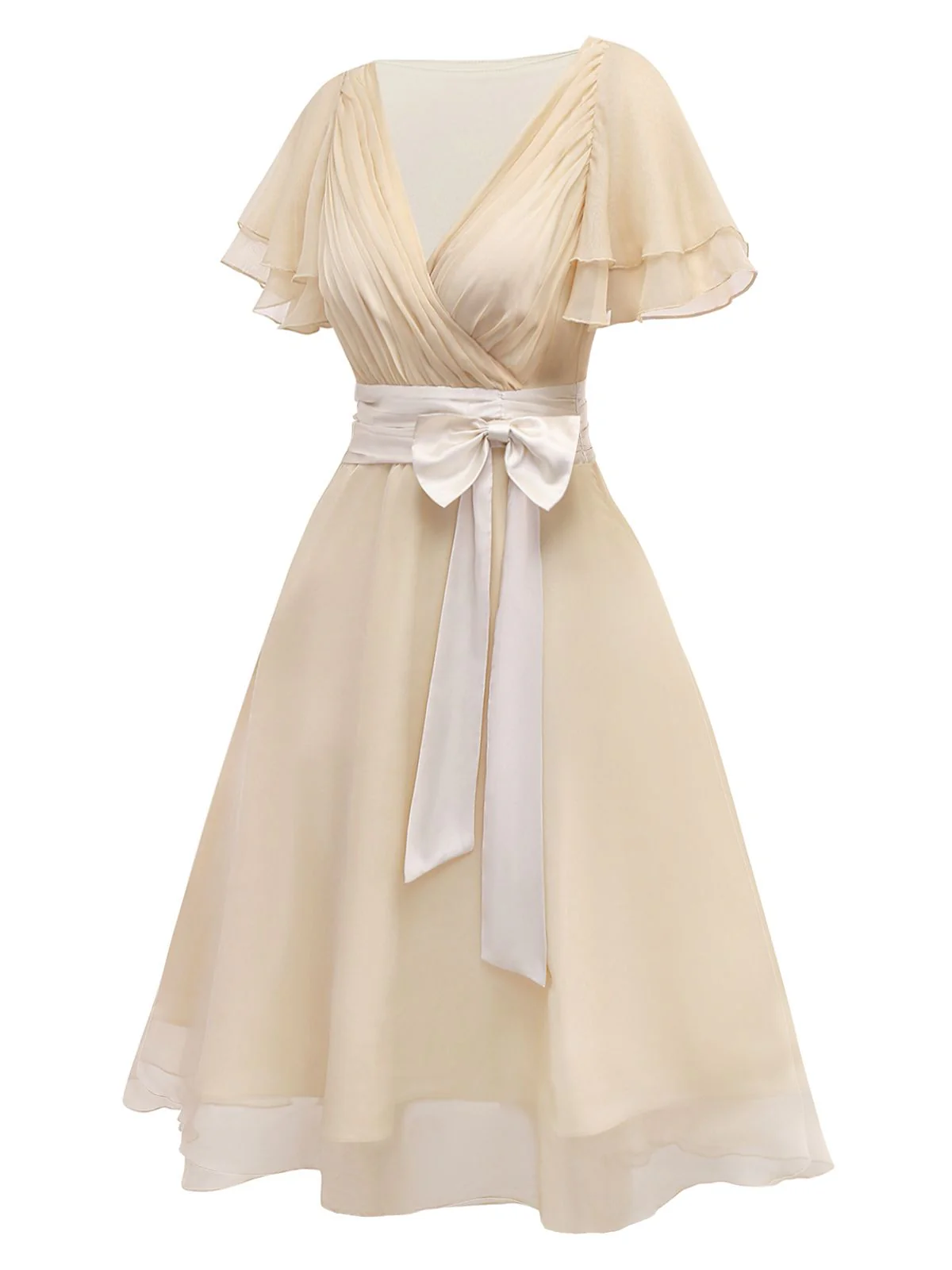 Champagne 1950s Satin Belt Tulle Cocktail Dress - Image 5