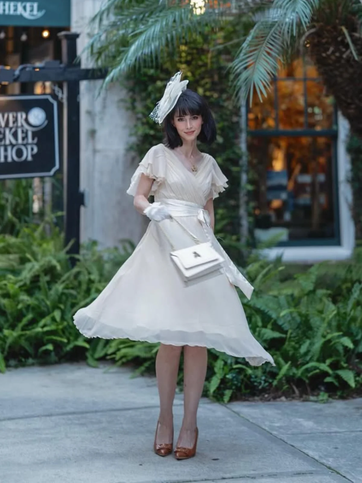 Champagne 1950s Satin Belt Tulle Cocktail Dress - Image 2