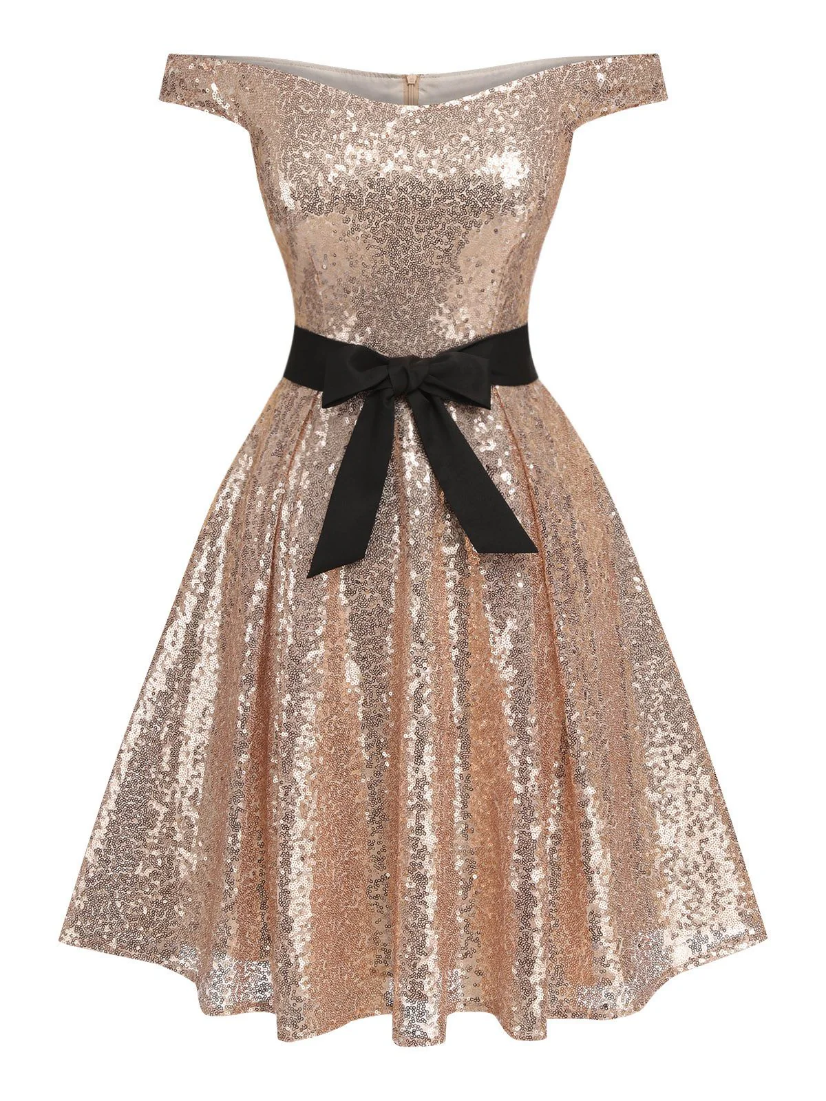 Champagne 1950s Sequined Off-shoulder Dress - Image 2